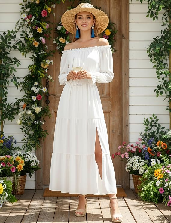 Women's Off Shoulder Boho Dress Long Sleeve High Waist Side Split Flowy Sexy Maxi Dress Wedding Cocktail Casual Dress
