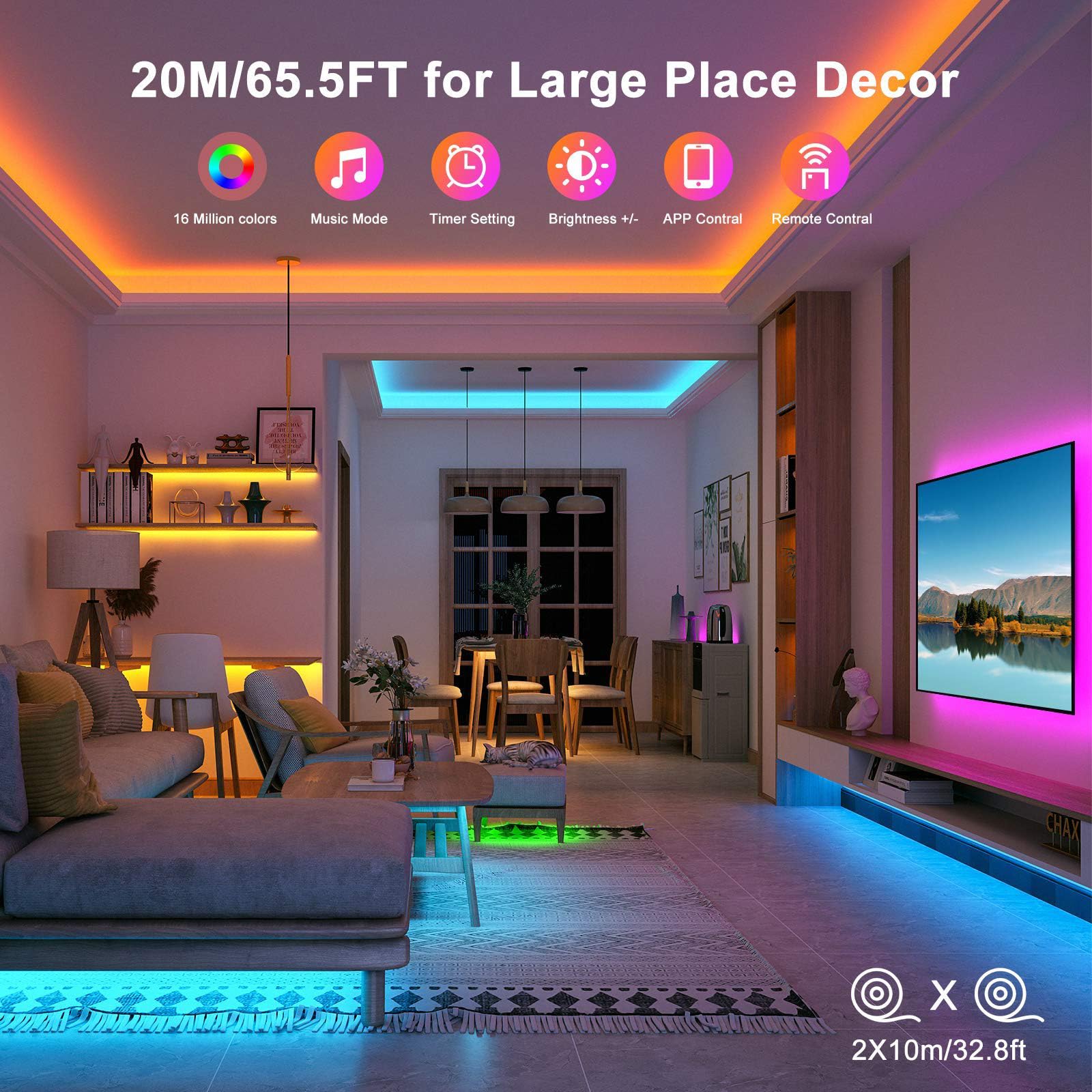 TVLIVE Striscia Led, Strisce LED 20 Metri, Luci Led Camera da Letto, Led Camera con APP e Controller Bluetooth, 28 Modalità, Led Striscia rgb Musicale per Decorare Cucina Casa