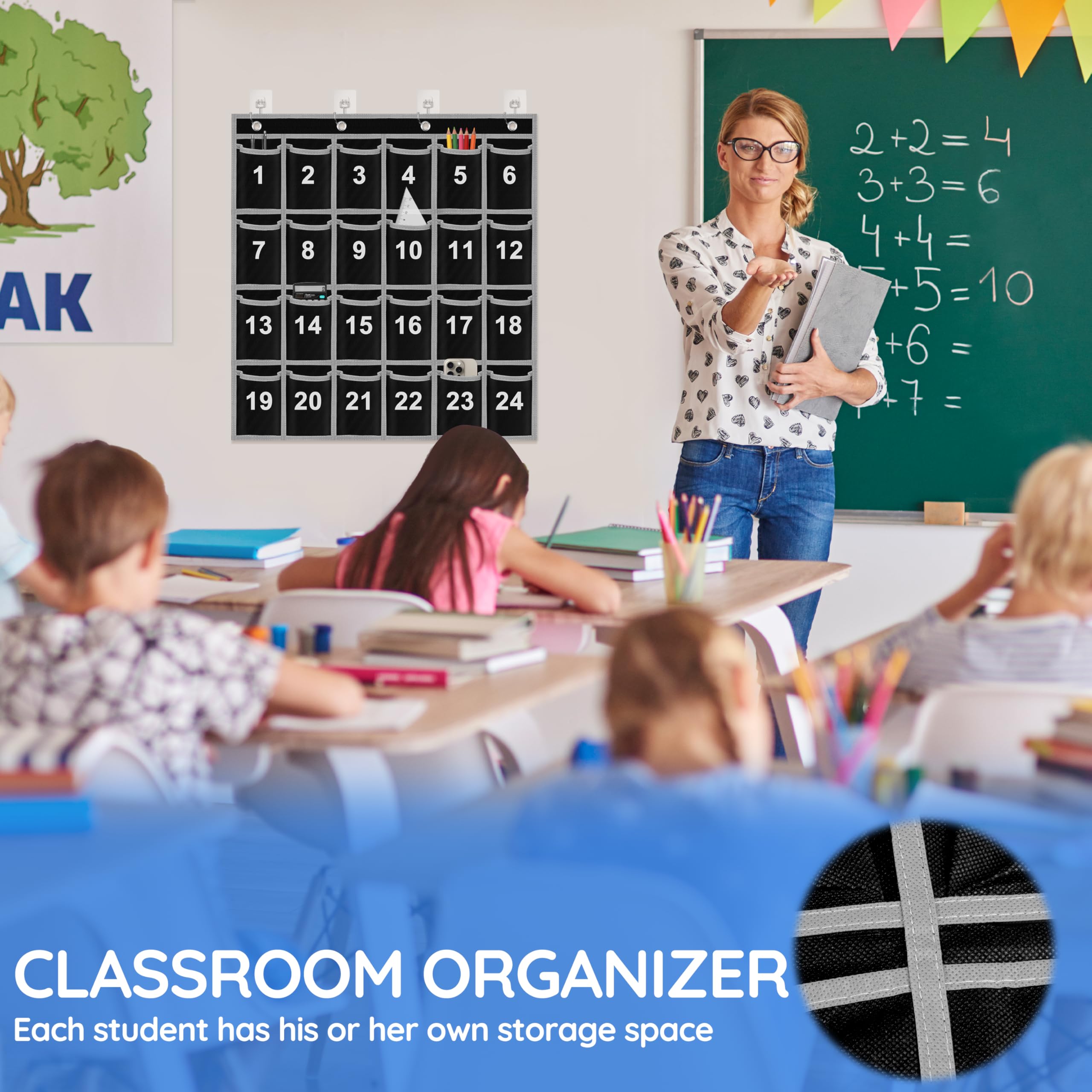 Numbered Classroom Pocket Chart - 24 Pockets Phone & Calculator Holder With Hooks