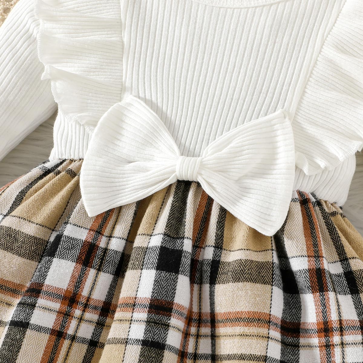 Magic Park 0-24M Baby Toddler Girls Ruffle Long Sleeve Bodysuit Ribbed Plaid Romper Dress Fall Winter Outfit with Headband - Image 5