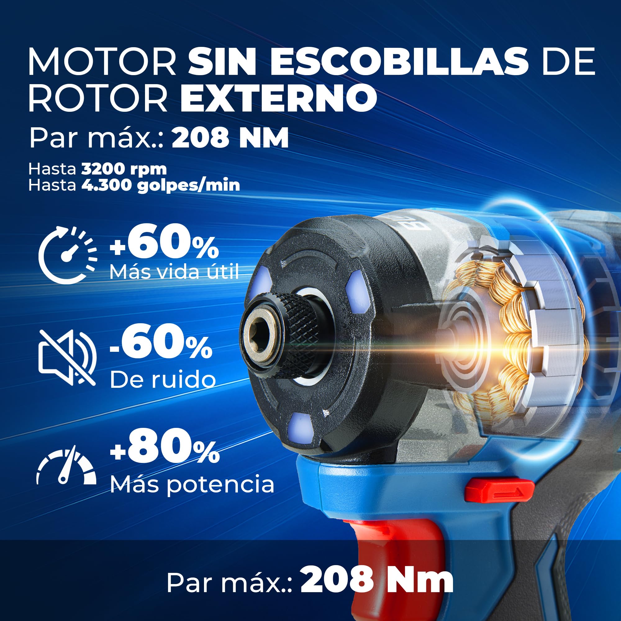 Atornillador de Impacto Dong Cheng 18V sin Escobillas, 208Nm, Modo Autoperforante, 3200 rpm, 4300 ipm, Portabrocas Hex 1/4", 3 Velocidades, con 2 Baterías de 2.0 Ah