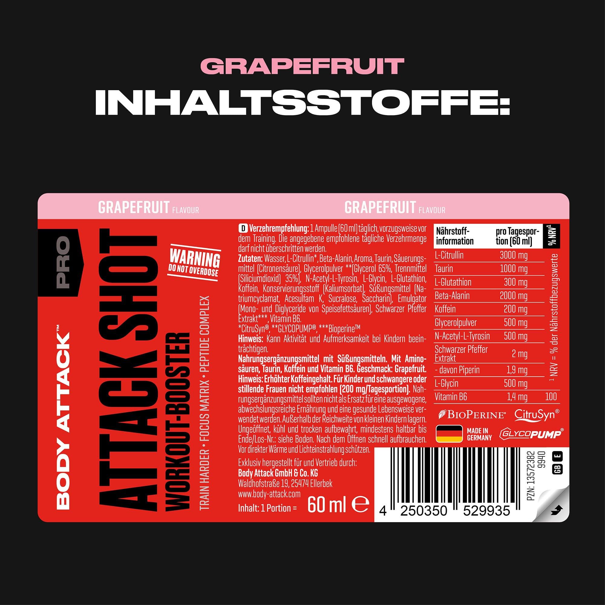 Body Attack Pre Workout Booster Shot - Grapefruit - 20 x 60 ml - Attack Shot mit Koffein, Taurin, Beta-Alanin, L-Tyrosin & L-Citrullin - Energy Drink to go für intensive Workouts