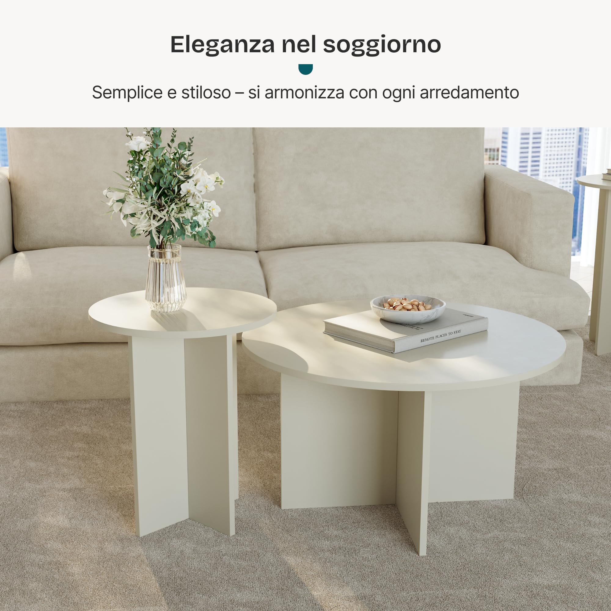 [en.casa] Set di 2 Tavolini Rotondi con Basi Incrociate Tavoli Bassi da Salotto in Misure Diverse Tavolini da caffè in color Avena Oatmeal
