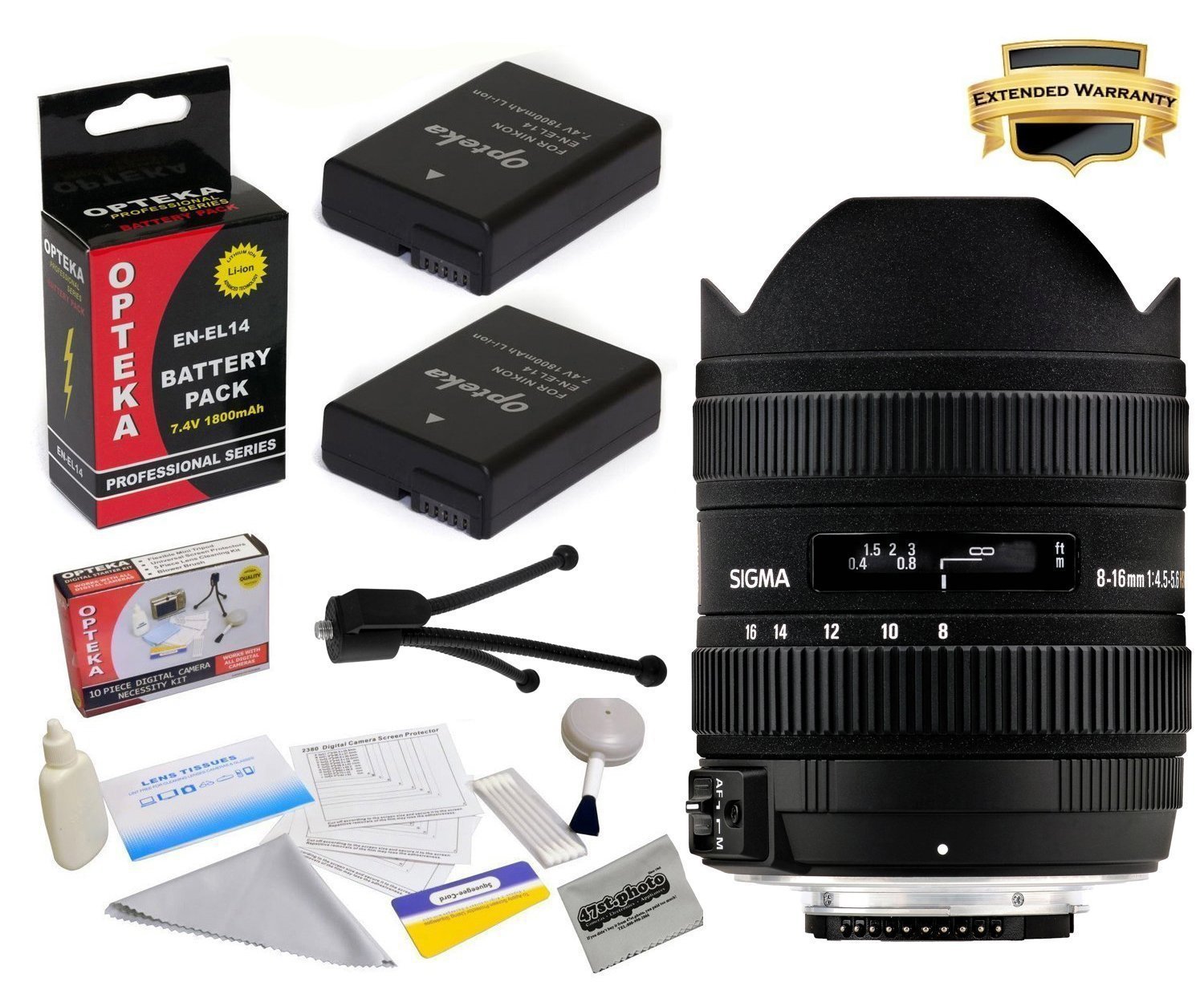 Sigma 8-16mm f/4.5-5.6 DC HSM FLD AF Ultra Wide Zoom Lens (203306) With 3 Year Extended Lens Warranty for the Nikon D3100 D3200 D3300 D5100 D5200 D5300 DSLR Camera - Includes 2 Replacement Nikon EN-EL14 Batteries 1800MAH Each 3600MAh in Total + Deluxe Lens Cleaning Kit + LCD Screen Protectors + Mini Tripod + 47stphoto Microfiber Cloth Photo Print !
