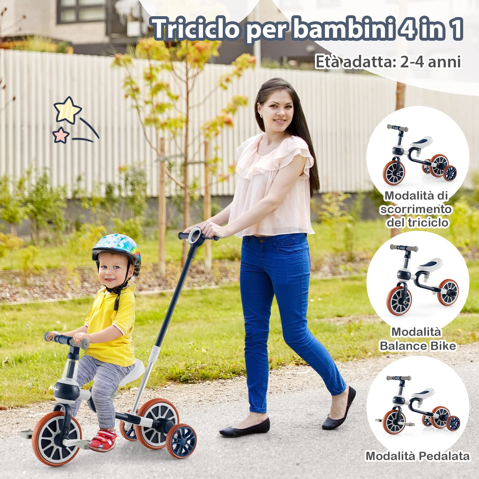 COSTWAY 4 in 1 Triciclo per Bambini con Maniglia di Spinta, Triciclo per Bambini Bicicletta Equilibrio con Maniglia, Sedile Regolabili e Pedali Rimovibili, per 2-4 anni (Blu Navy)