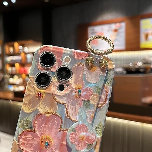 Miniatura 4 de Funda para iPhone 15 Pro Max linda con correa de muñeca con función atril con purpurina de dibujos animados IMD de silicona TPU a prueba de golpes