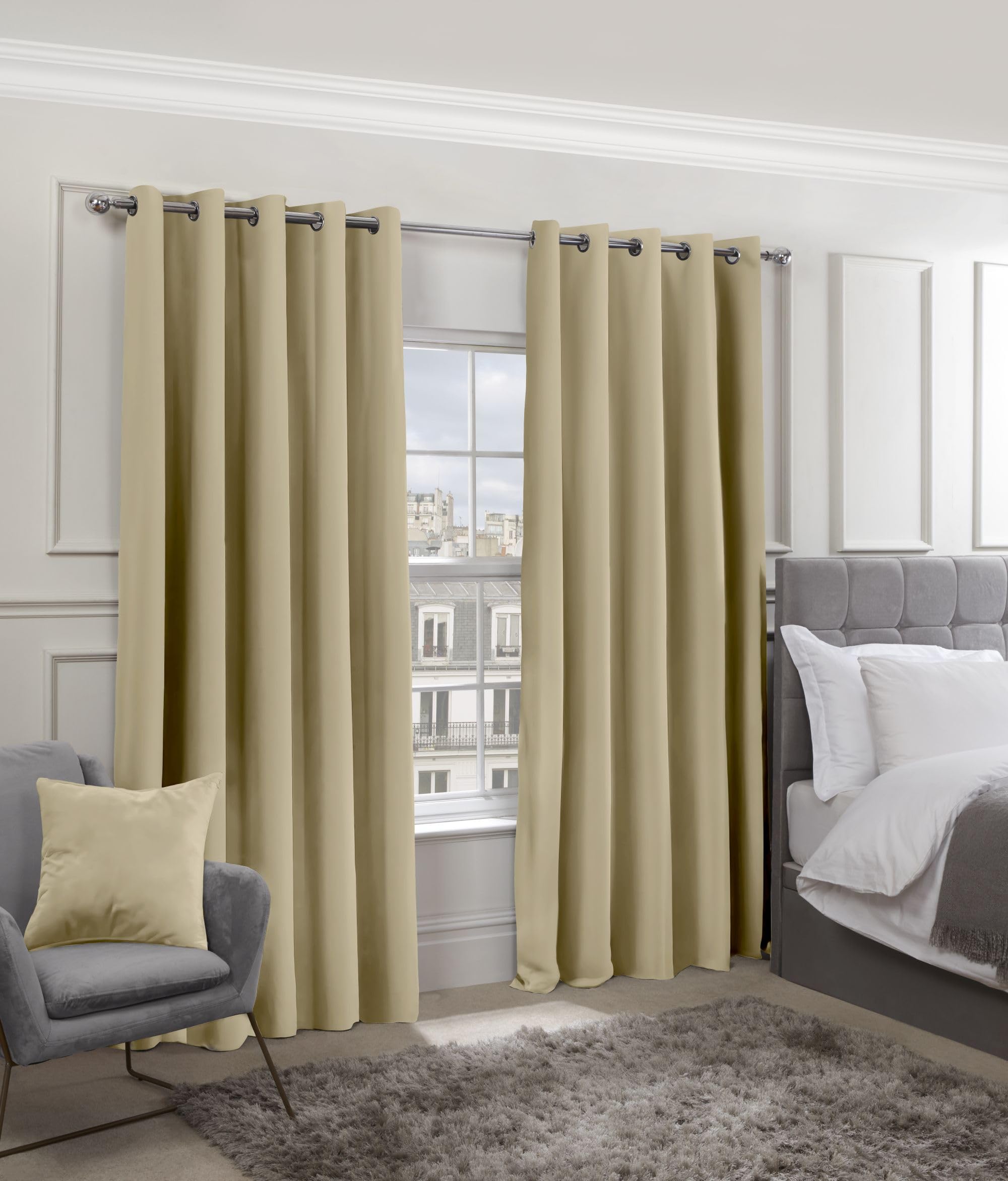 EYELET TOP / RING TOP PLAIN BEIGE LATTE 65""X54"" THERMAL BACKED WOVEN CURTAINS (165CM WIDE X 137CM DROP) APPROX SEMI BLACKOUT CURTAINS / BLOCKOUT