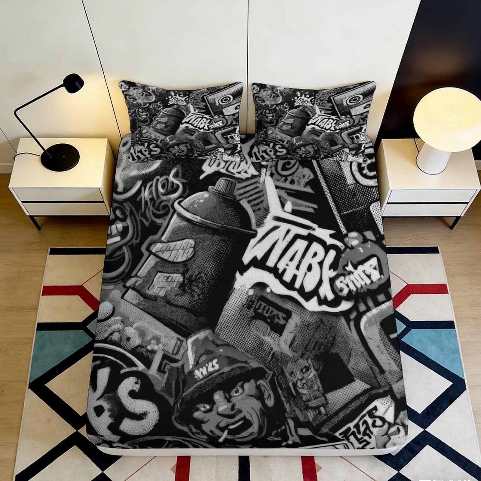 3D Printed Graffiti Street Art Fitted Sheet Microfiber Soft Black White Urban Spray Bed Sheet for Bedroom Guestroom Decor 90x200x25cm