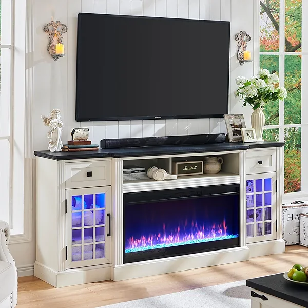 JXQTLINGMU Fireplace TV Stand for 80 Inch TV, Farmhouse Highboy Entertainment Center w/LED Lights & 36" Electric Fireplace, Large Media Console w/Glass Door Cabinet & Storage Drawer, White