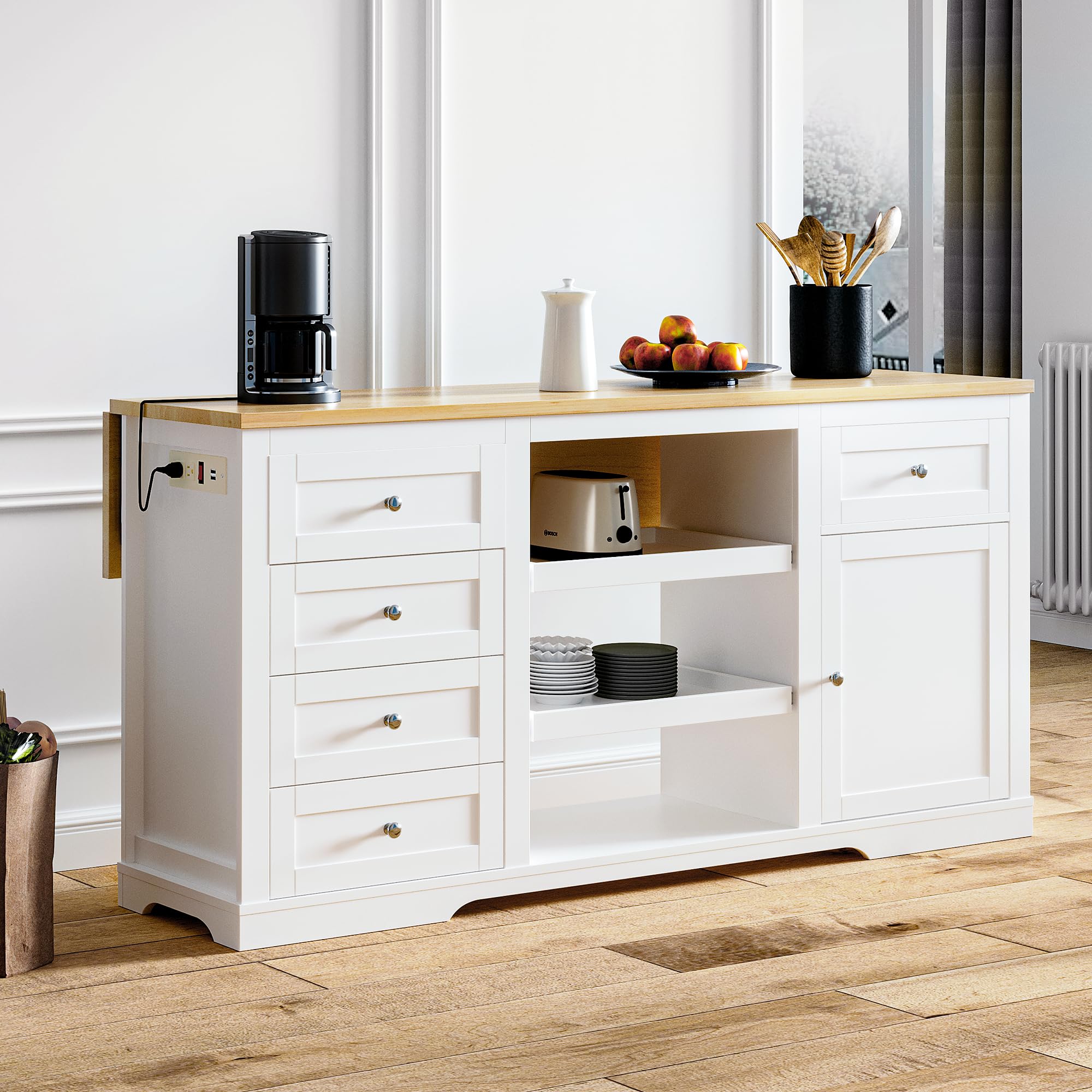 Kitchen Island with Storage and Drop Leaf, Island Table for Kitchen, Coffee Station Cabinet with Rubber Wood Top, Pull-Out Trays, Drawers, Adjustable Shelf, Power Outlet, White