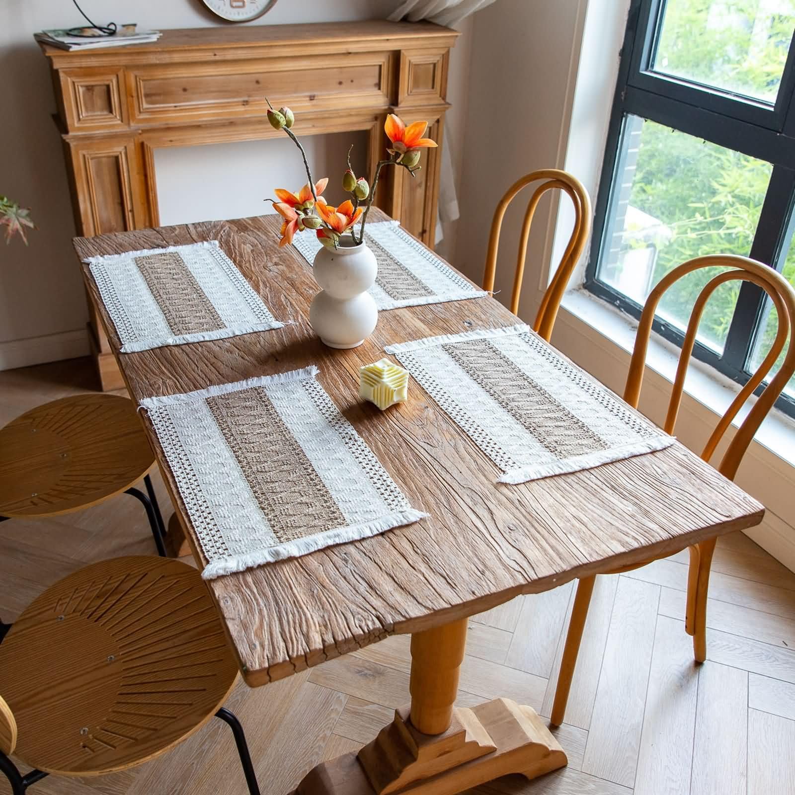6er Tischsets, 30 x 50 cm Beige Braun Platzset Abwaschbar Leinen Baumwolle Rechteck, Rechteck mit Raute Gewebt und Quasten