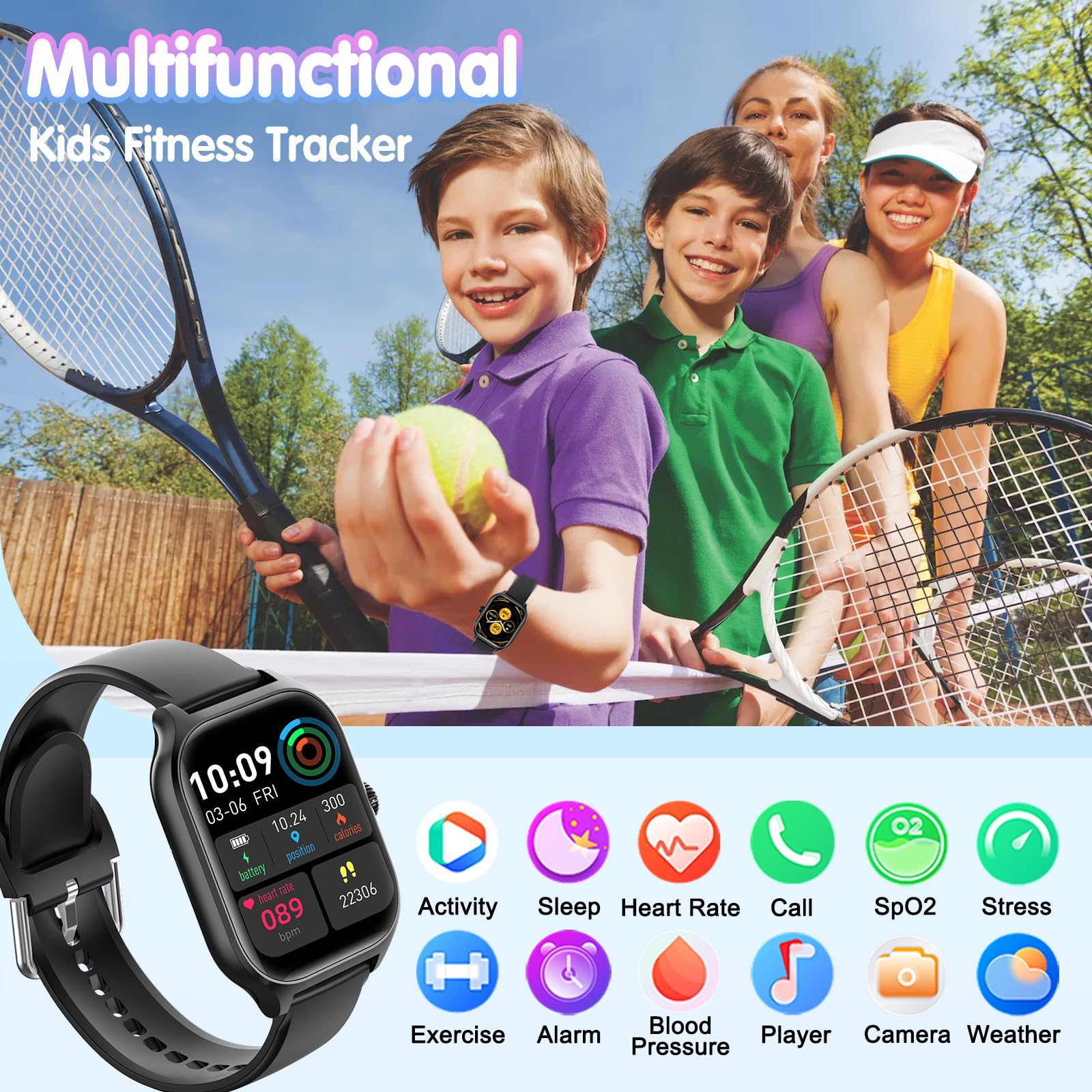 Fitness Tracker Montre Intelligente pour Enfants, Montre Connectée avec Assistant Vocal d'appels Bluetooth,Sport, Moniteur de Sommeil, Podomètre, Montre Sport pour iOS Android