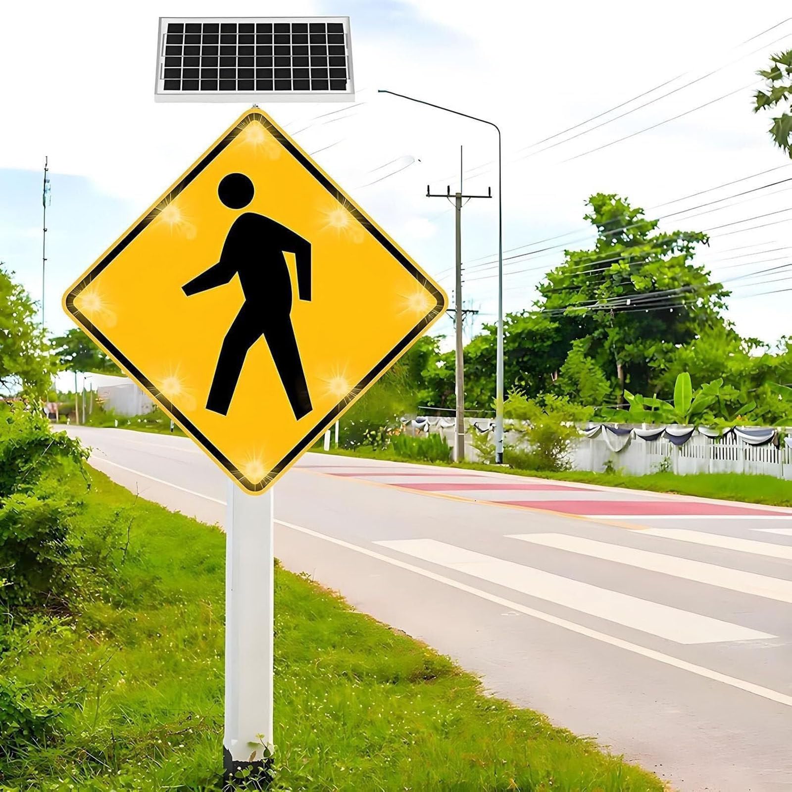 Señal de cruce de peatones con LED intermitente, señal solar de advertencia de tráfico vial, señal de advertencia de calle parpadeante, IP65 de aluminio resistente a la intemperie para mayor seguridad