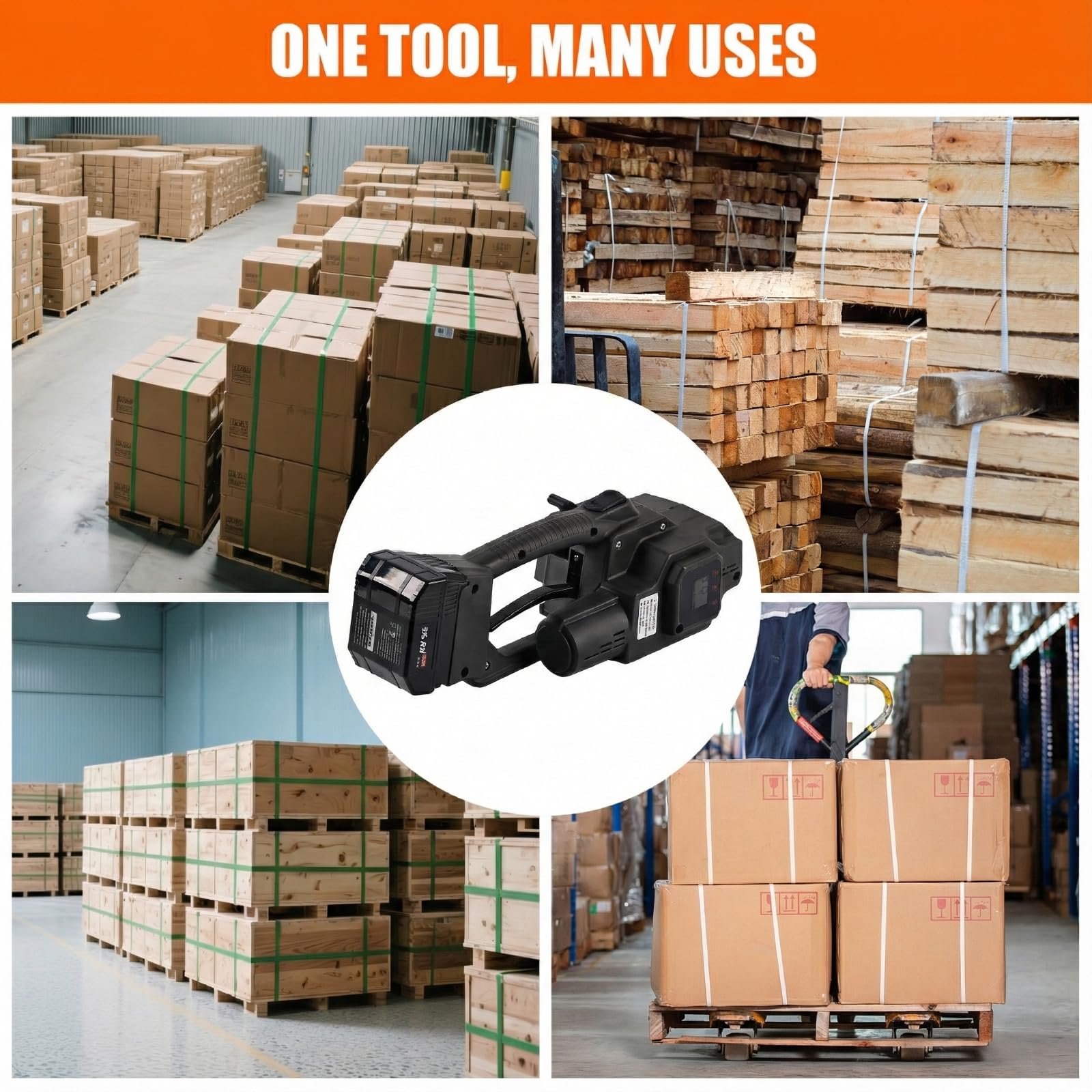 Reggiatrice elettrica, tenditore 4.500N, display LCD, batteria da 4.000 mAh, kit automatico portatile per cinghie in PET/PP da 0,5-0,6 pollici, imballaggio di pallet e scatole (nero, 1 batteria da