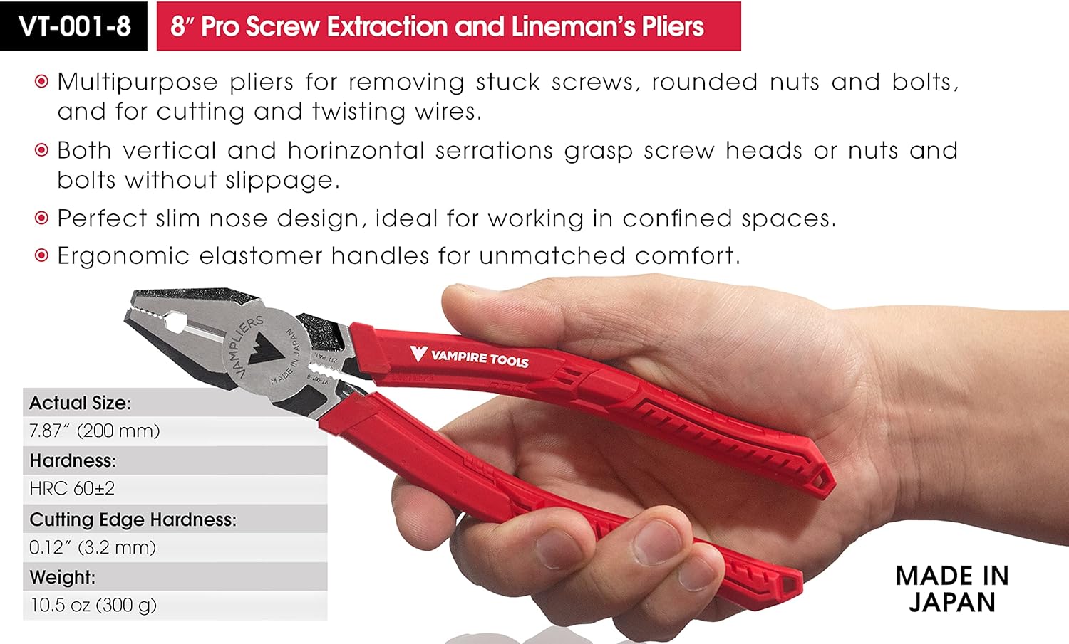 VAMPLIERS 3-PC Screw Extractor Pliers Set. Made in Japan: 8" Linesman, 7" Multipurpose & 5" ESD Safe Mini Pliers. Stripped Screw Removal Tools with Unique Non-Slip Jaws.