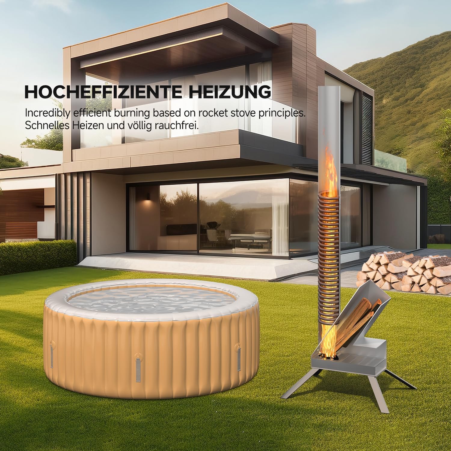 ECOPOOLTECH Outdoor Poolheizung Holz Feuertonne, Tragbarer Brennholz Poolheizung Wärmepumpe, Edelstahl-Heizspirale Wärmetauscher Holzfeuer-Poolheizung für Spas, Badewannen, Schwimmbecken, Whirlpool