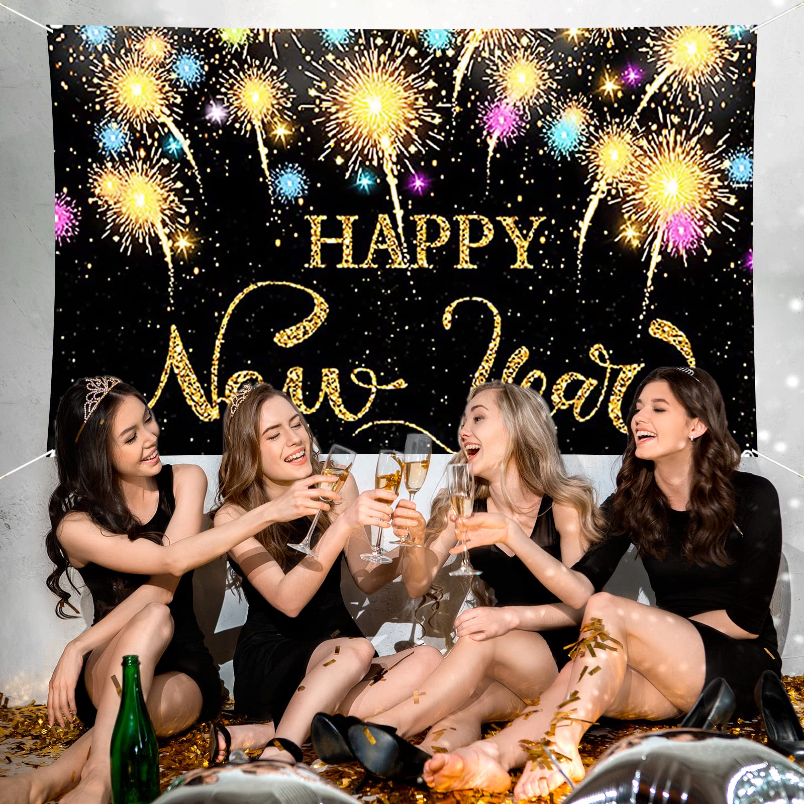 Banner Capodanno 180x110 Cm – Tessuto Extra Large Nero E Oro Con Fuochi D'artificio