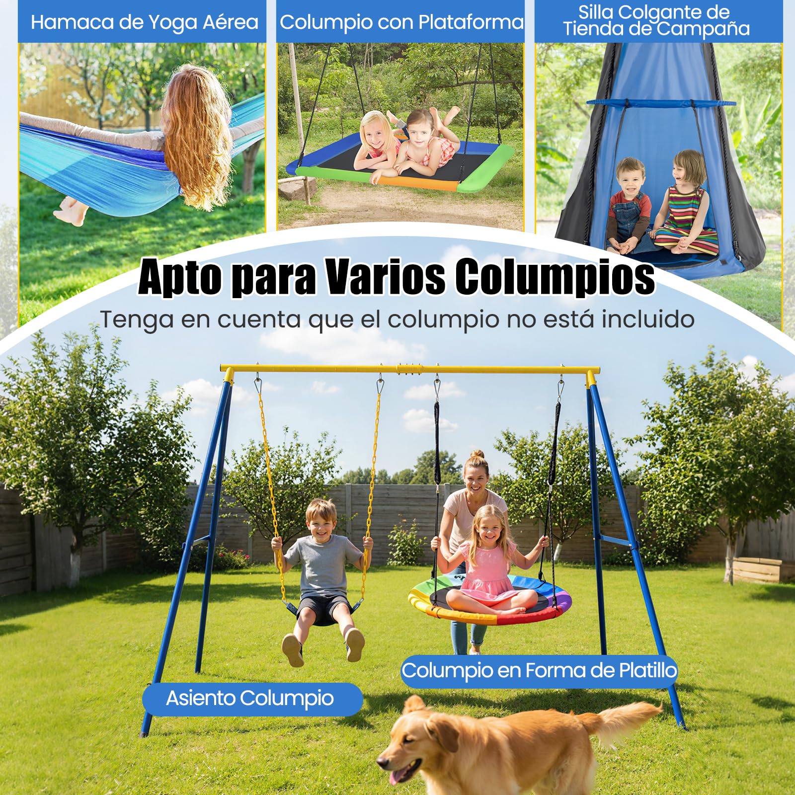 COSTWAY Estructura Resistente para Columpio hasta 300 kg, Estructura en Acero con Forma de A para Columpio con Palos, Mosquetón y Cobertura en los Pies, Parque Infantil Jardín Parque (Estructura)