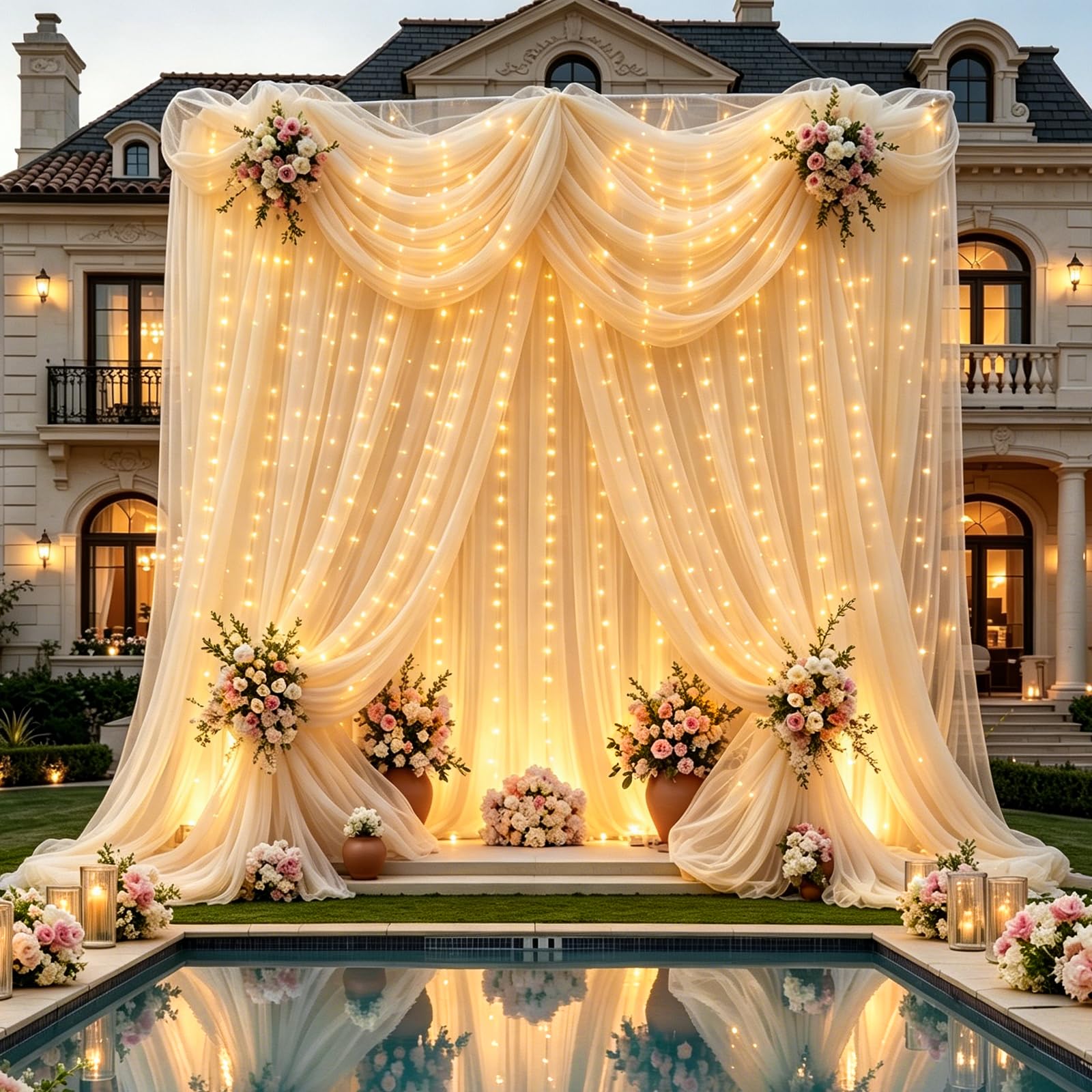 HAEFOO Champagne Tulle Backdrop Curtains with Lights String for Parties - 20×8Ft Sheer Backdrop Curtains with Lights for Wedding, Baby Shower, Birthday Party, Photo Shoot Background Decoration
