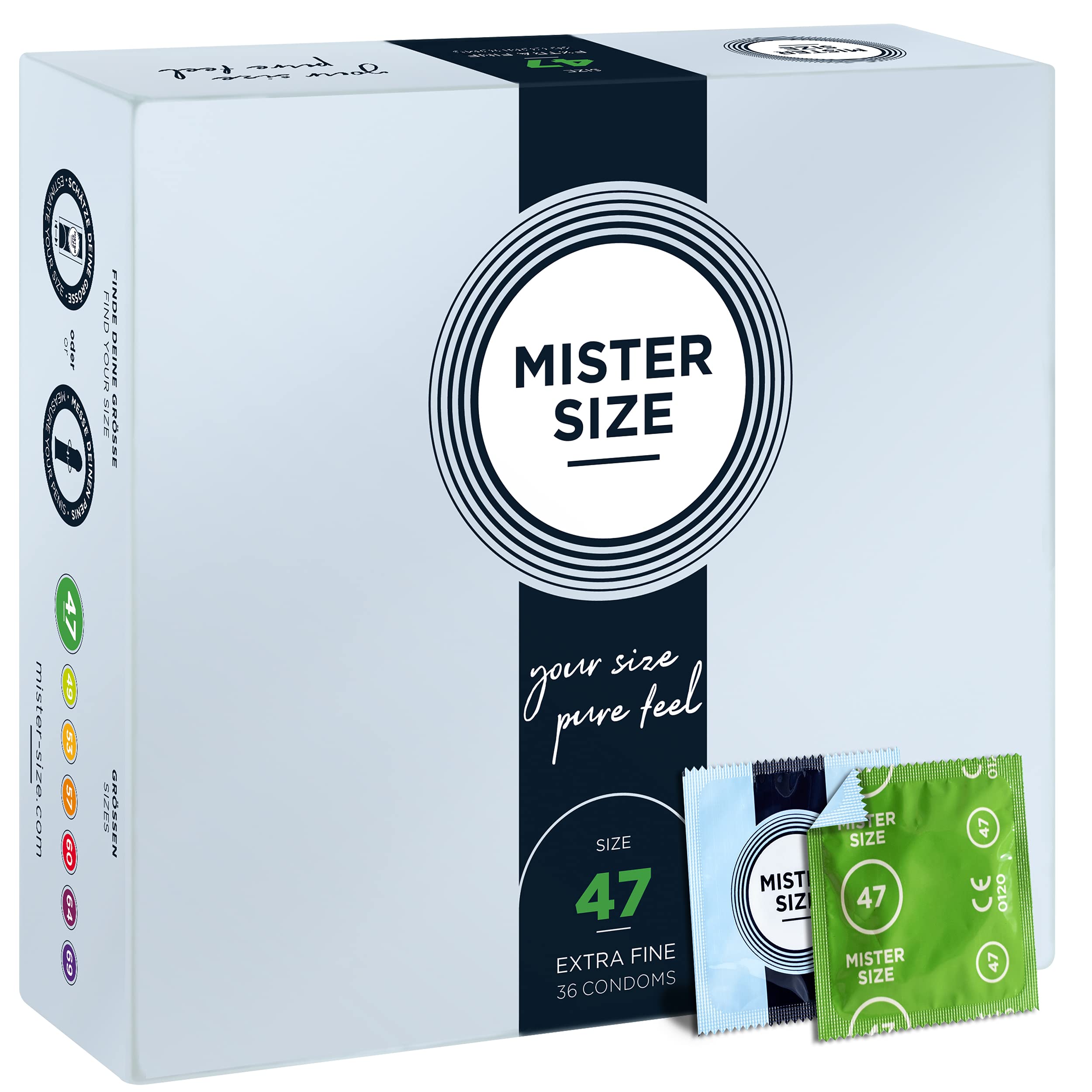 MISTER SIZE 47mm Ultra-Sensitive Condoms for Men - Extra Thin, Extra fine/Made from 100% Natural Rubber Latex in Your Size XS - S/Real Feel Pack of 36