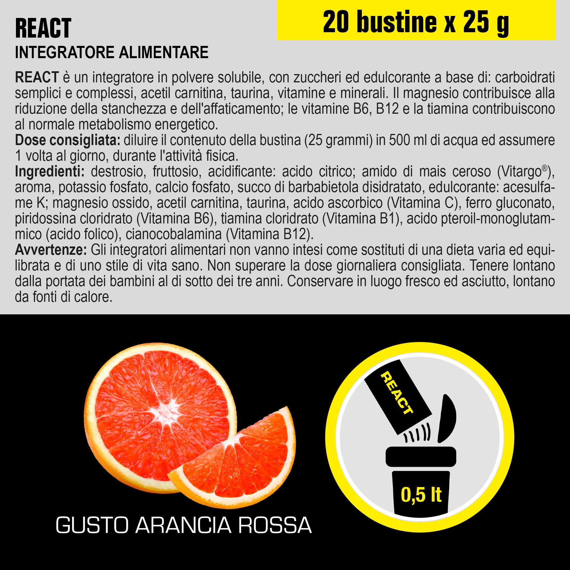 INTEGRATORE DI SALI E VITAMINE CON CARNITINA ANDERSON REACT 20 BUSTINE (l'imballaggio può differire)