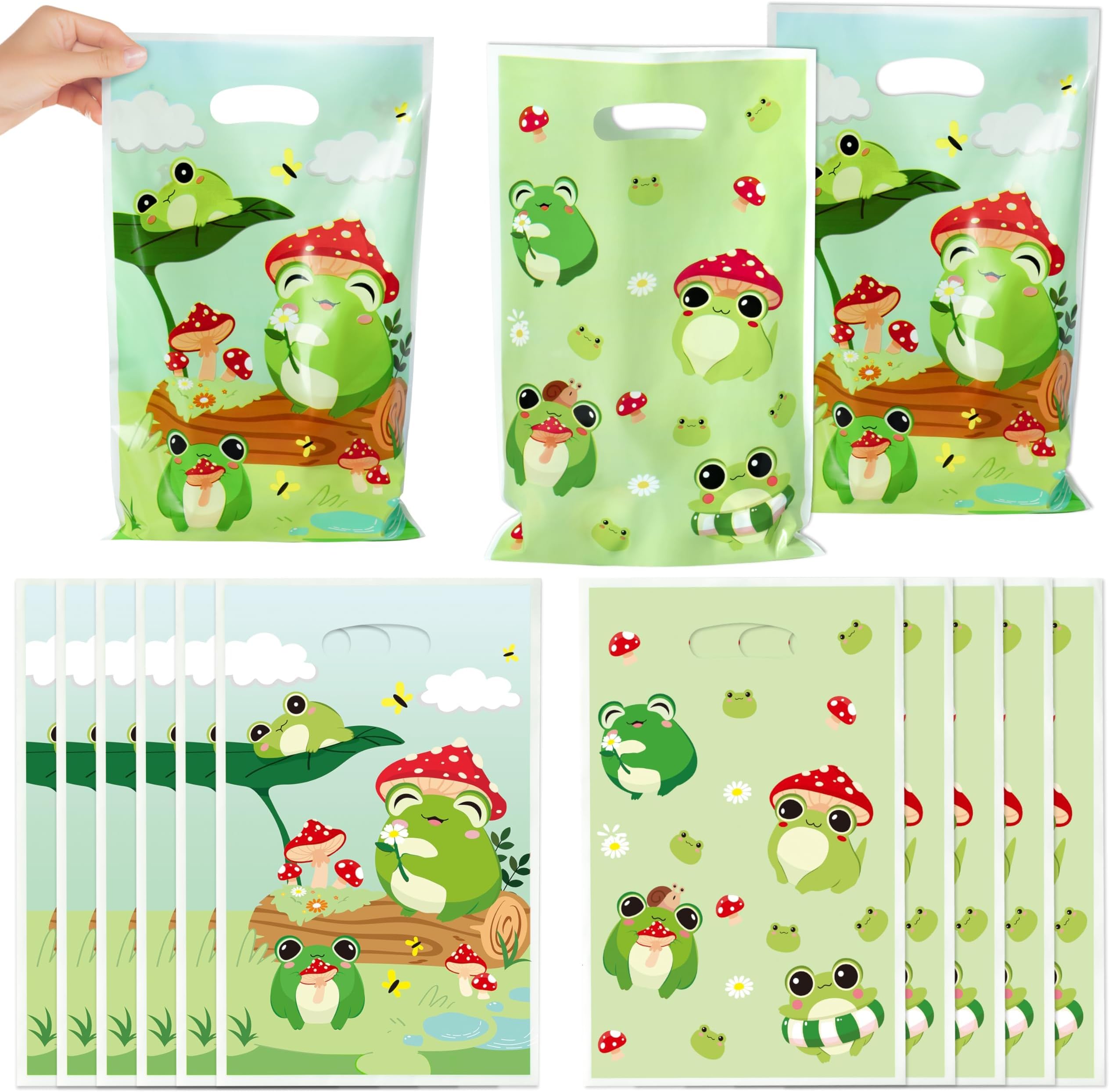 ANGOLIO Frog Party Favor Bags - 50Pcs Cartoon Frog Goody Candy Treat Plastic Gift Bags, Mushroom Lotus Leaves Animals Themed Party Supplies for Kids Birthday Baby Shower Wedding Event Decorations