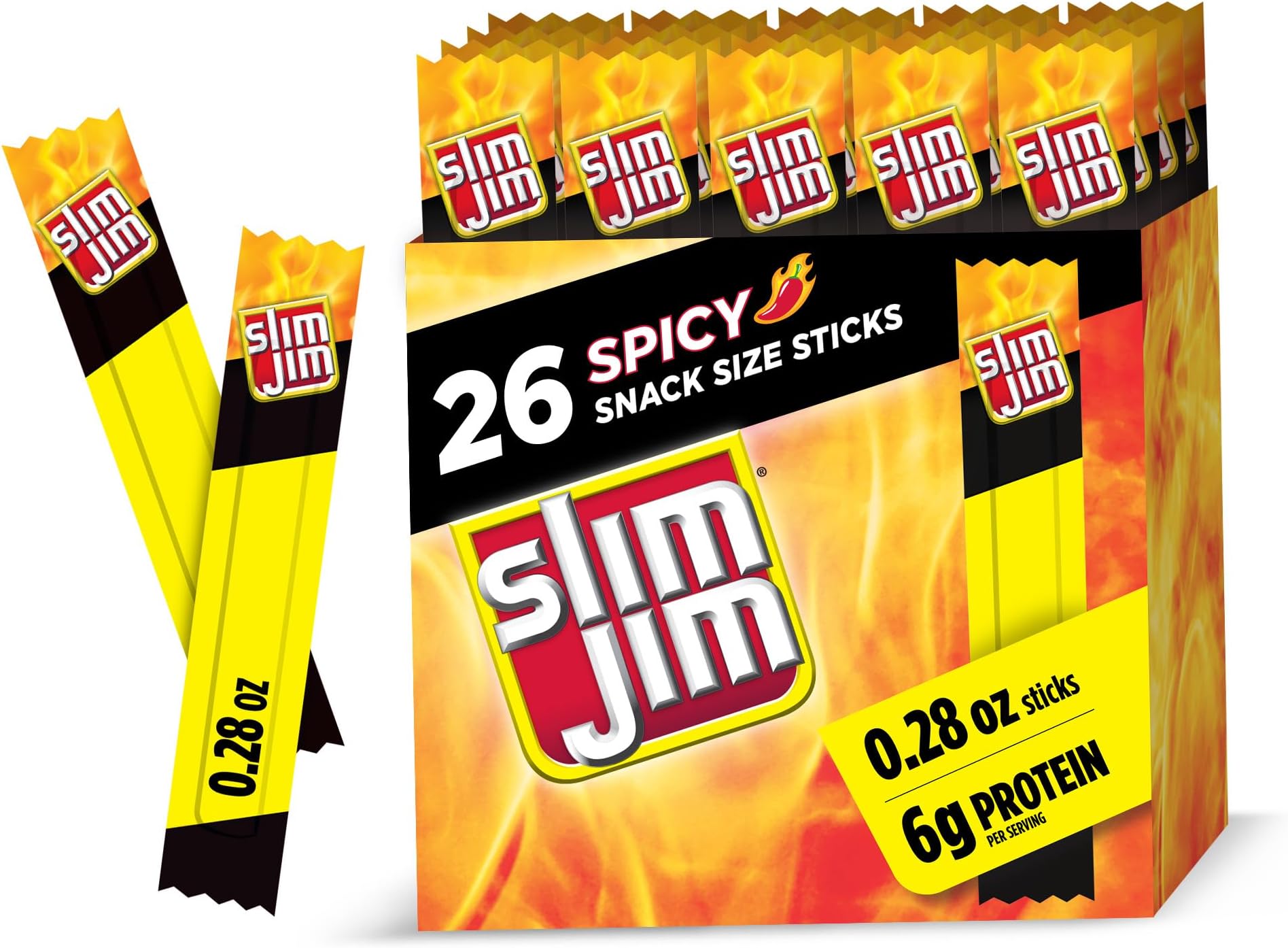 Slim Jim Smoked Meat Sticks, Spicy Flavor, 6g Protein Per Serving, Snack Size, 0.28 oz. (26 Count)