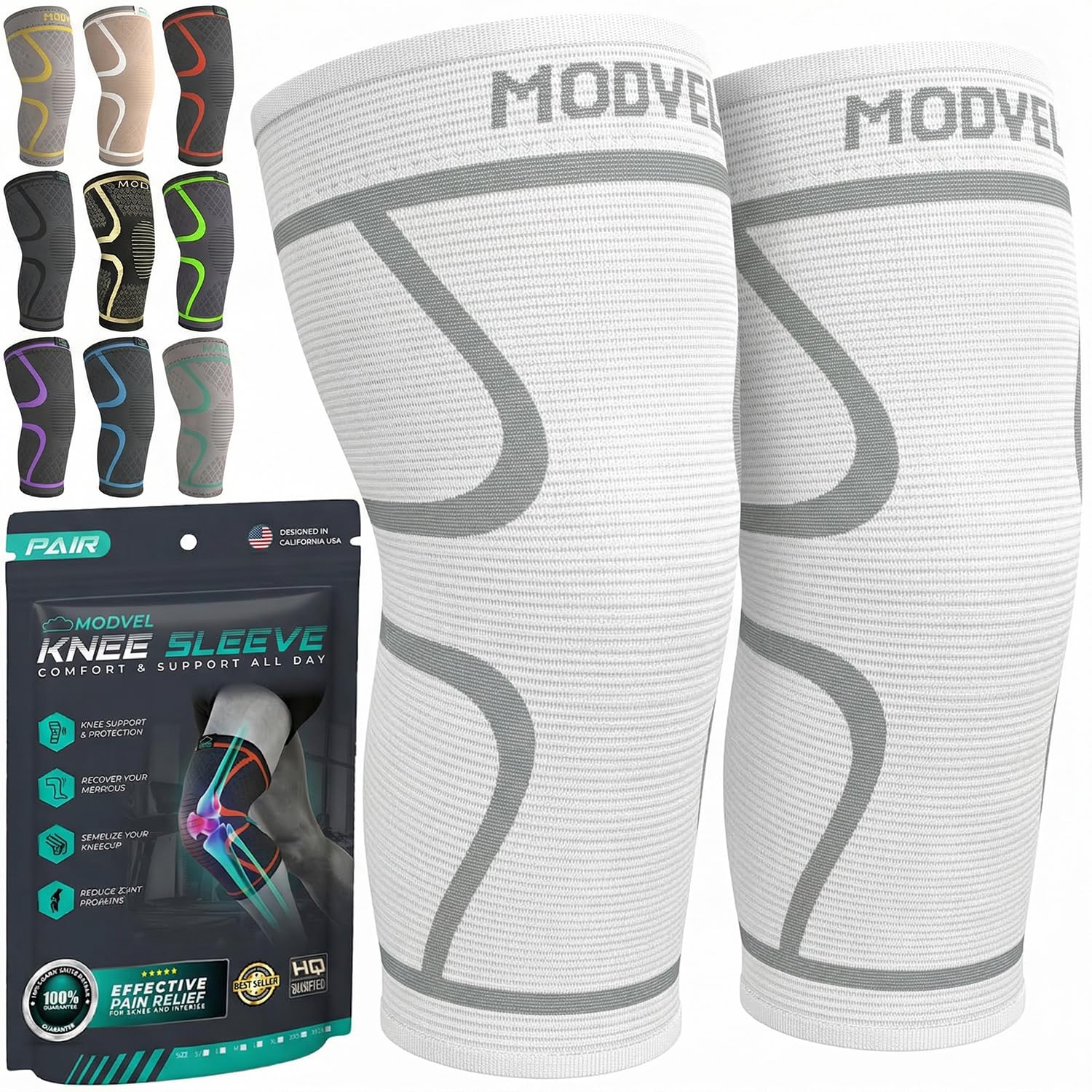 Modvel Compression Knee Brace for Women & Men - 2 Pack Knee Brace for Women Running Knee Pain, Knee Support Compression Sleeve, Workout Sports Knee