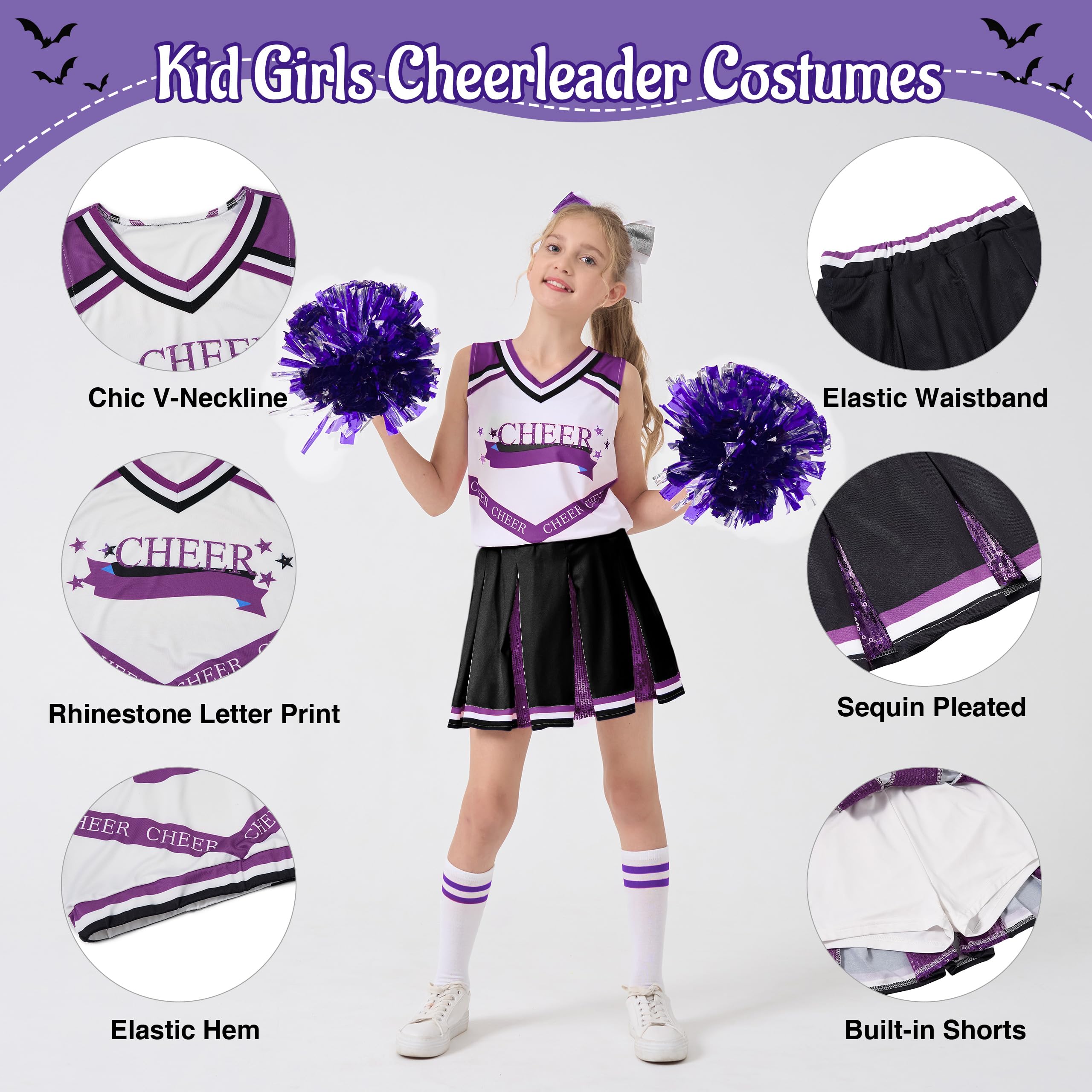 LOLANTA Girls Purple Cheerleader Costume Kids Cheerleading Outfit with Pompoms Socks - Image 3
