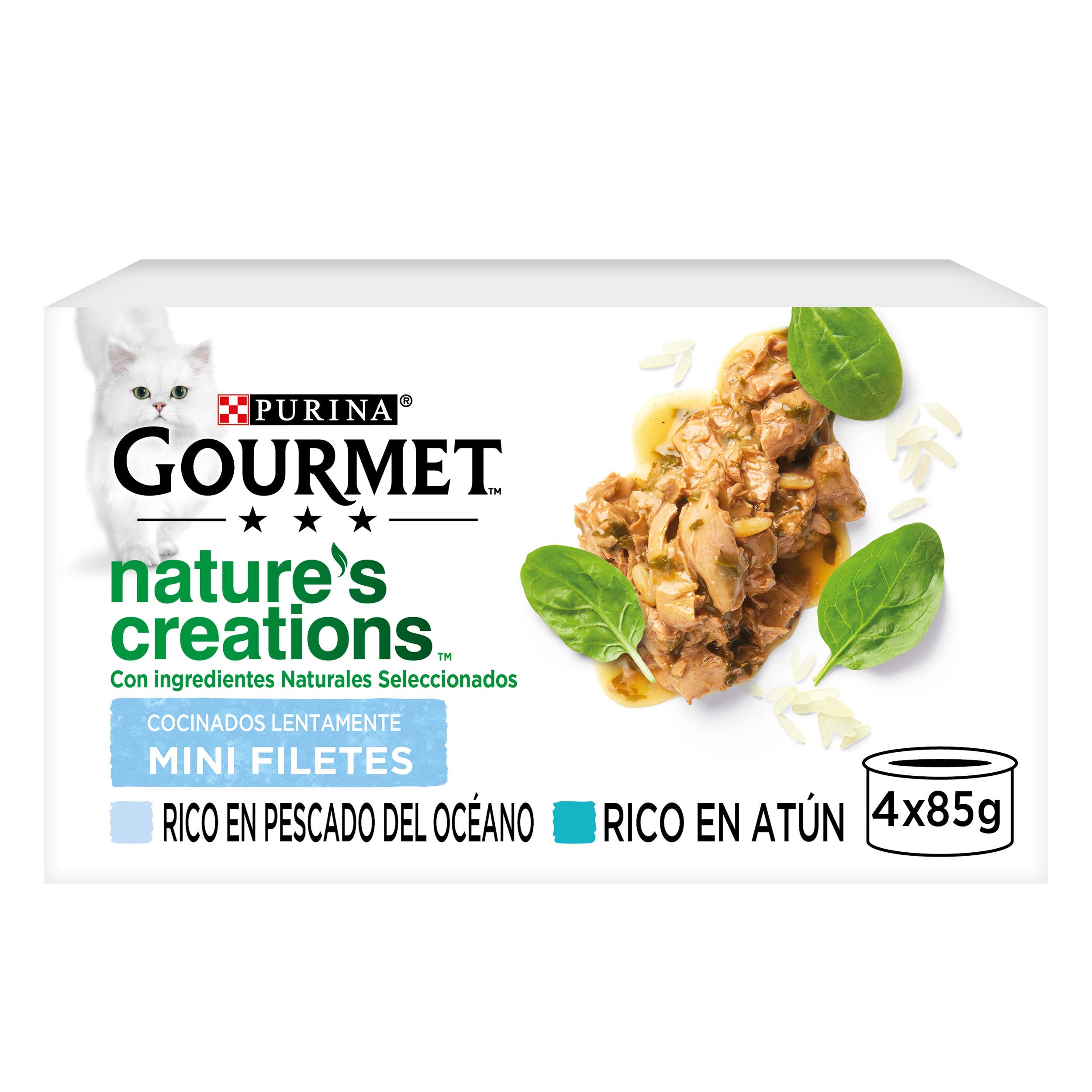 Gourmet Purina Nature's Creations Comida Húmeda Natural para Gato con Pescado del Océano y Atún, 12 Packs de 4 latas 85g - 48