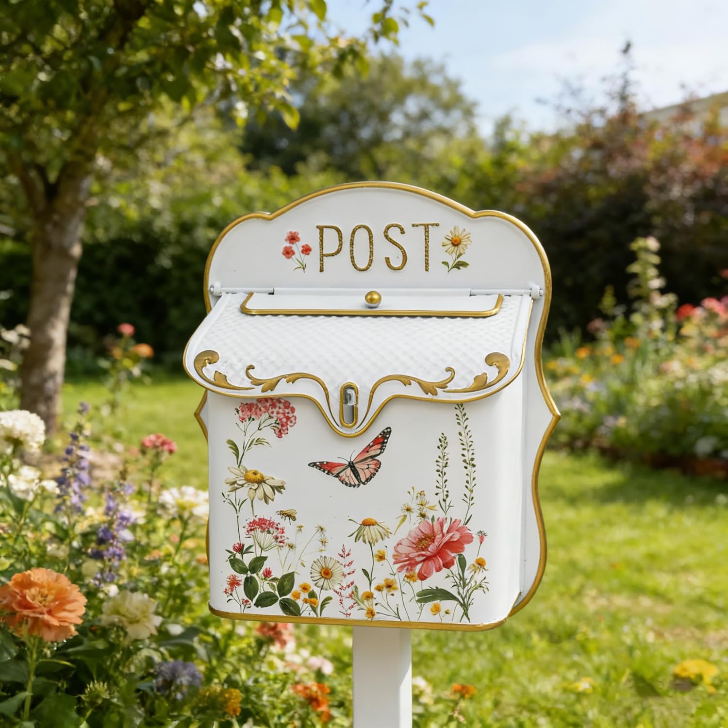 Vintage Floral Wall Mount Mailbox, 12.2" H White Metal Post Box with Gold Trim & Butterfly Design, Decorative Outdoor/Indoor Mail Holder for Porch, Entryway & Garden Decor
