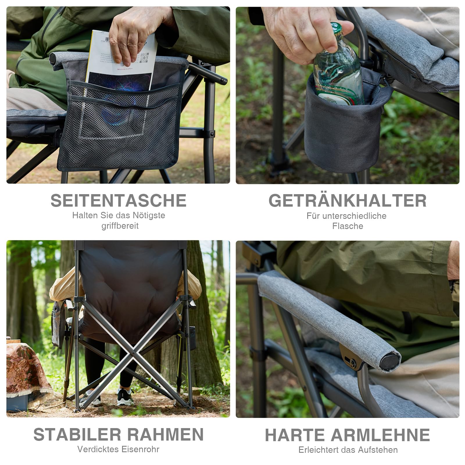 EVER ADVANCED Campingstuhl Faltbar 230KG Belastbar XL Klappstuhl 62cm Sitzbreit mit Seitentasche Getränkehalter Übergroß Faltstuhl Angelstuhl für Camping Outdoor Balkon Garten