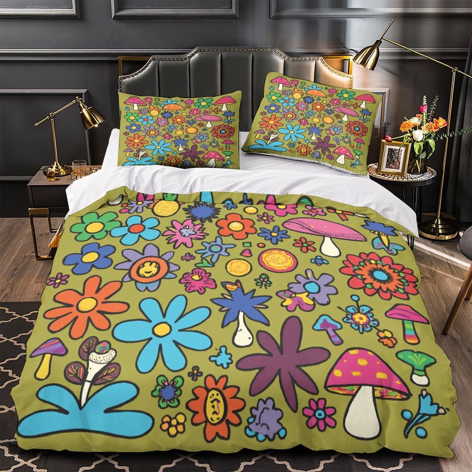 Psychedelic Flowers Quilt Cover 3D Design Printed Super Soft 3 Pcs Bedding Set Zipper vibrant Retro Duvet Cover Ultra Soft Anti-allergic for Kids Adults Women Teens Youth Boys Single（135x200cm）
