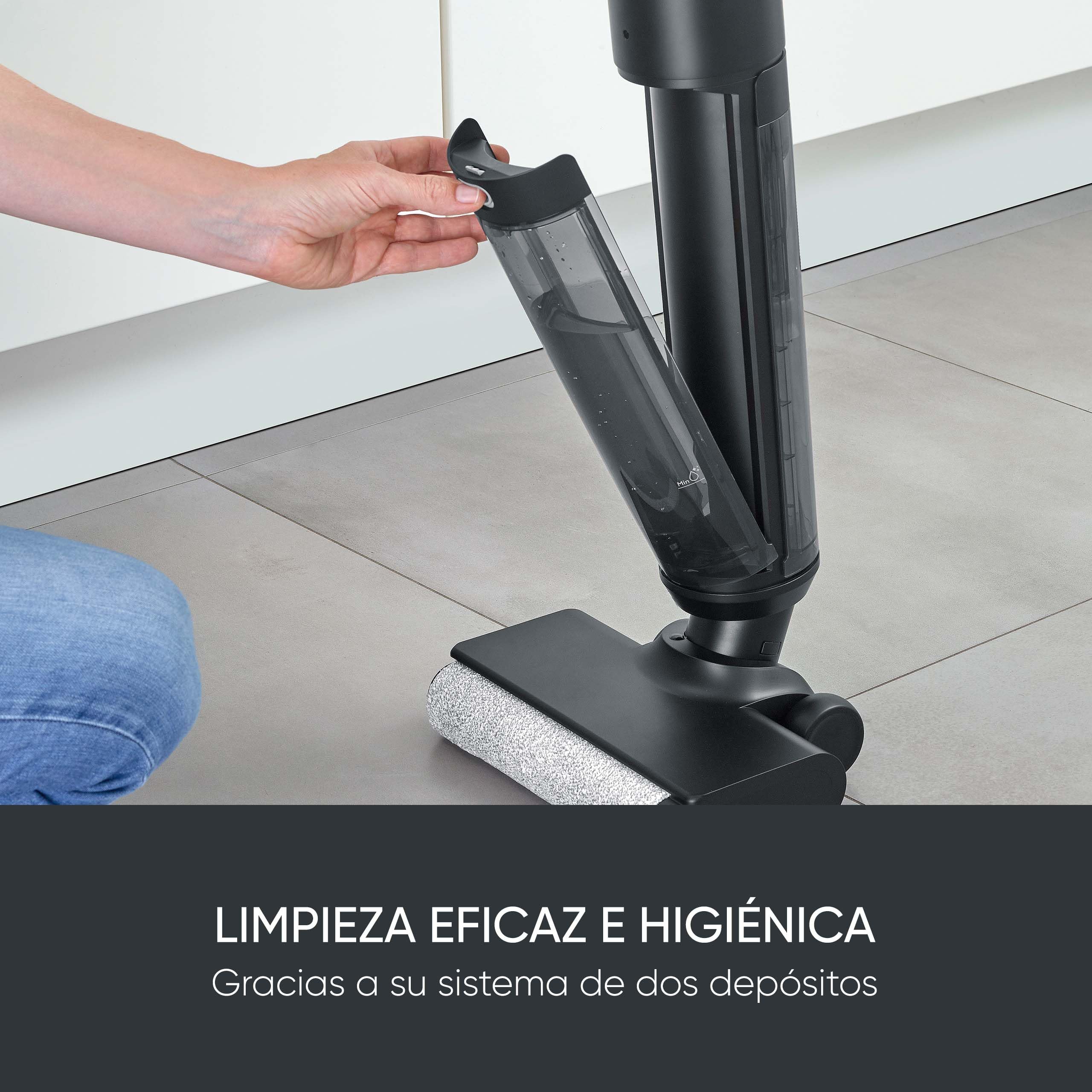 SEVERIN - Friegasuelos eléctrico sin Cable, Cepillo de Rodillo autolimpiable, batería de Iones de Litio de 22,2 V, Pantalla LED, Sistema higiénico de Dos depósitos, 150 W, Antracita, SC 7177