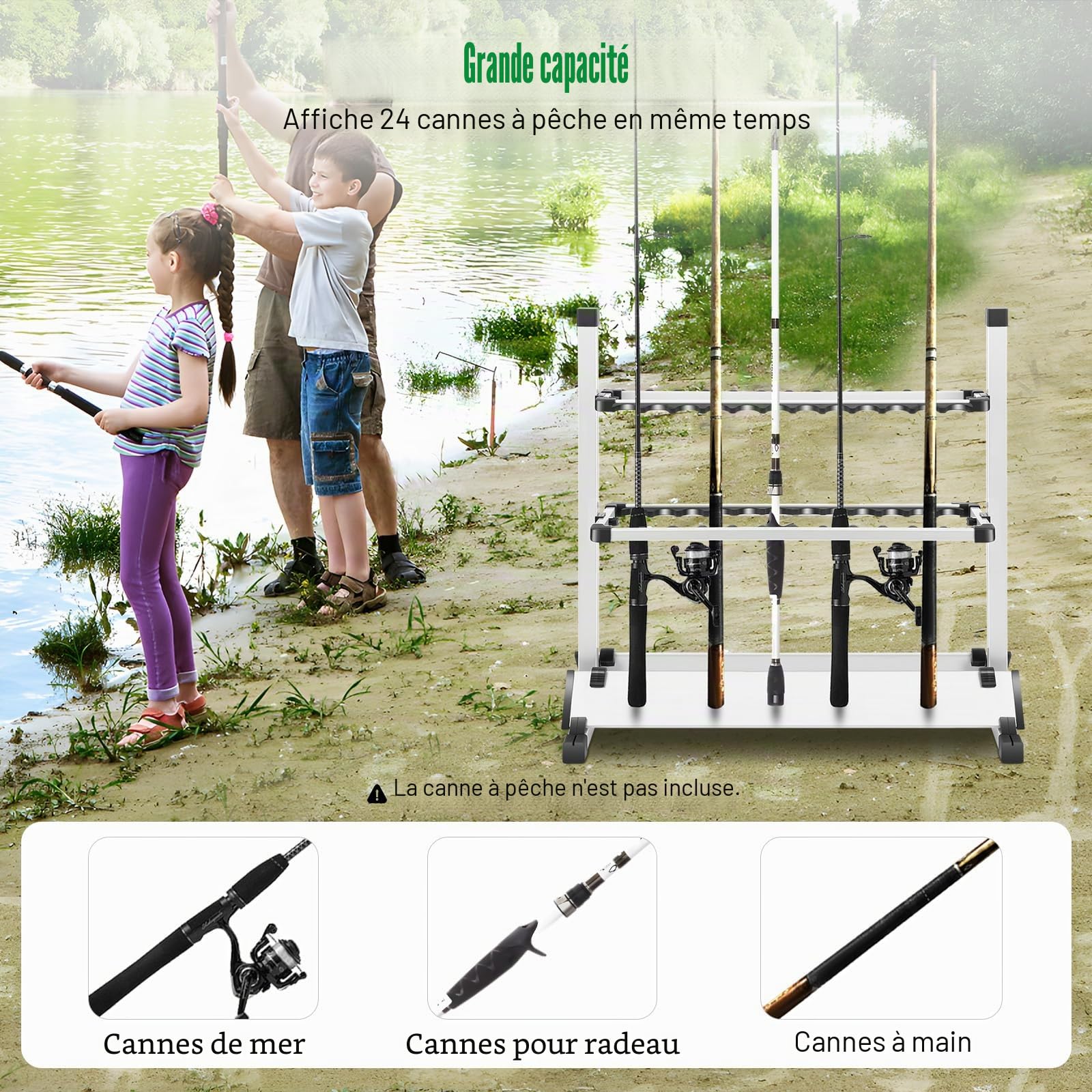 Porte-cannes de Pêche, Support pour 24 Cannes en Aluminium Léger, Organisateur Réglable et Pliable 73x32x72 cm, à Rainures Protectrices EVA, pour Garage, Bateau et Maison (Couleur Argent)