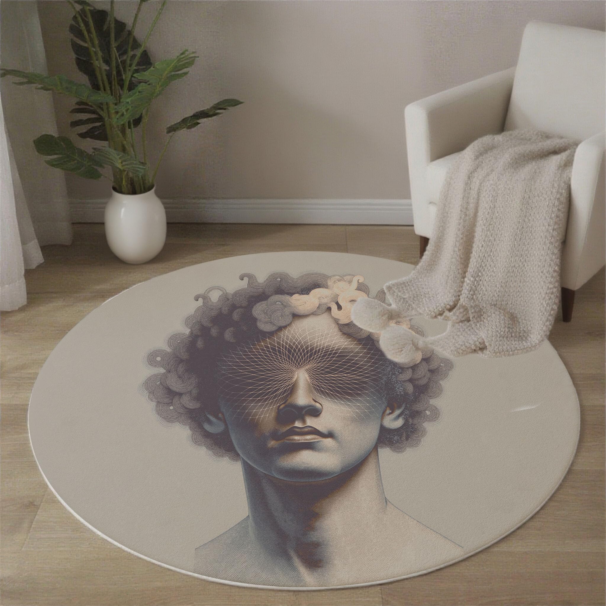 Tapis de salon rond surréaliste aux finitions douces et design raffiné
