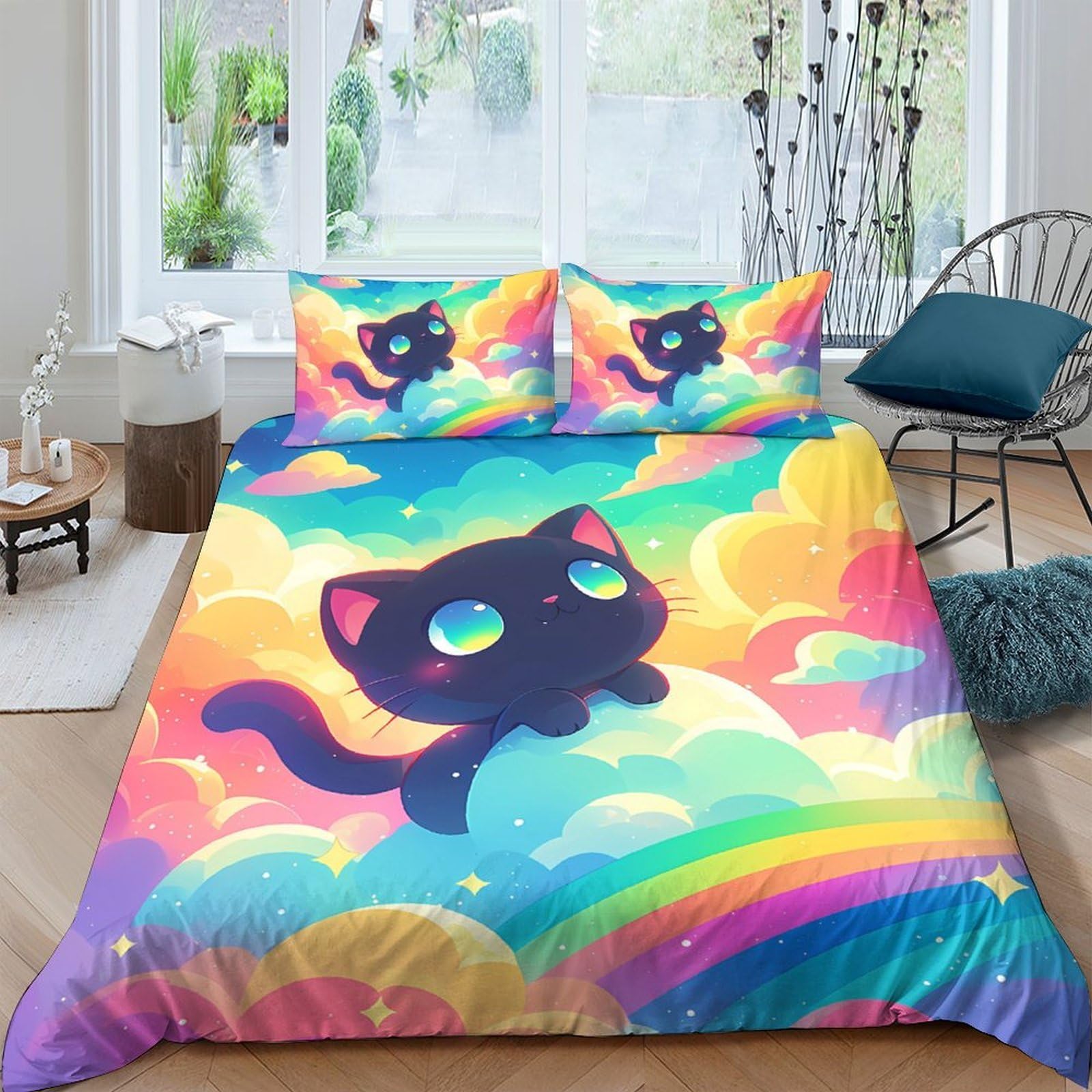Ctjqhvkz Style-3 3D Printed Rainbow Cat Fitted Sheet Microfiber Soft Colorful Sky Bed Cover For Bedroom Dorm Mattress Decor Single（135X200cm）