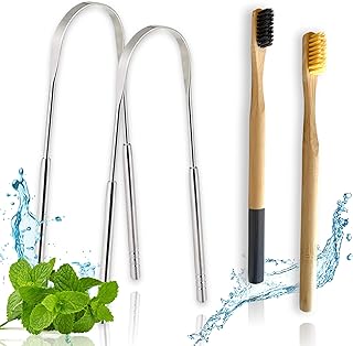 Gratte-langue en acier inoxydable | Lot de 2 grattoirs en inox + 2 brosses à dents en bambou OFFERTES |4 pièces| Elimine la mauvaise haleine (halitose) recommandé par votre dentiste Tongue scraper