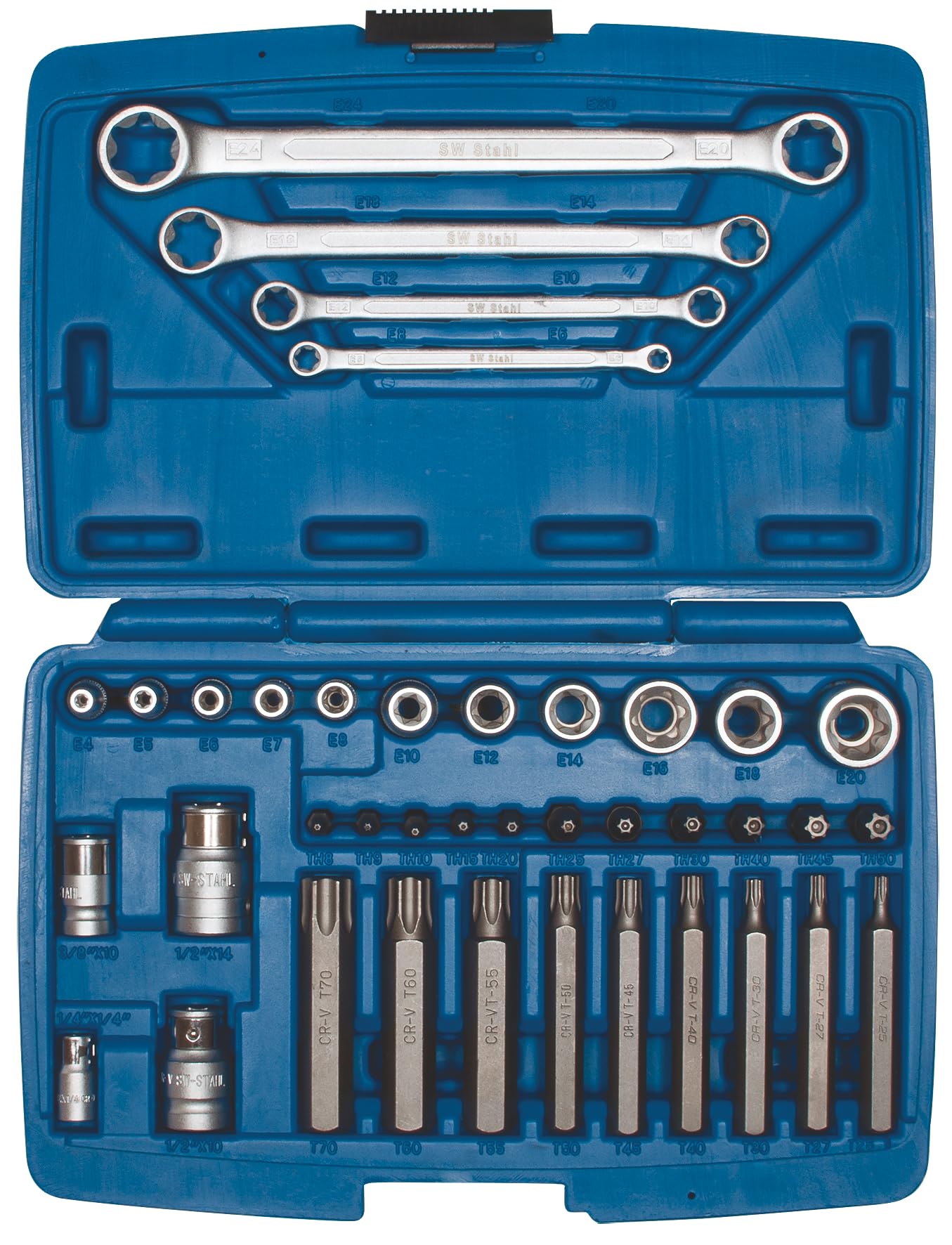 SW 04445L Zestaw Narzędzi Torx do Śrub, Komplet 39 Elementów | Zestaw do śrub wewnętrznych oraz zewnętrznych Torx, zapakowany w walizce, odpowiedni do warsztatu i profesjonalnych prac.