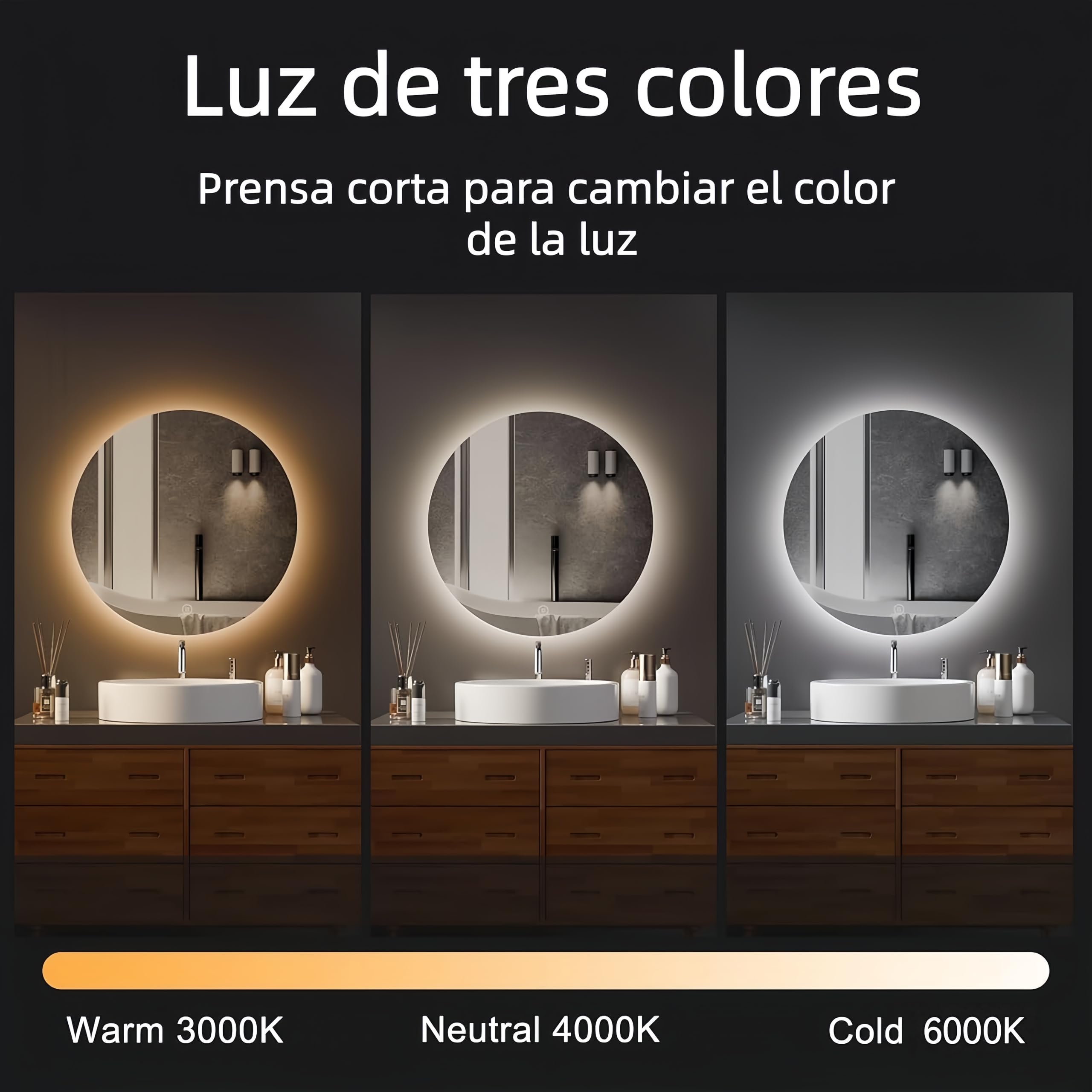 Miroir Salle de Bain LED Rond 50cm, 3 Couleurs Lumière Dimmable, Interrupteur Tactile