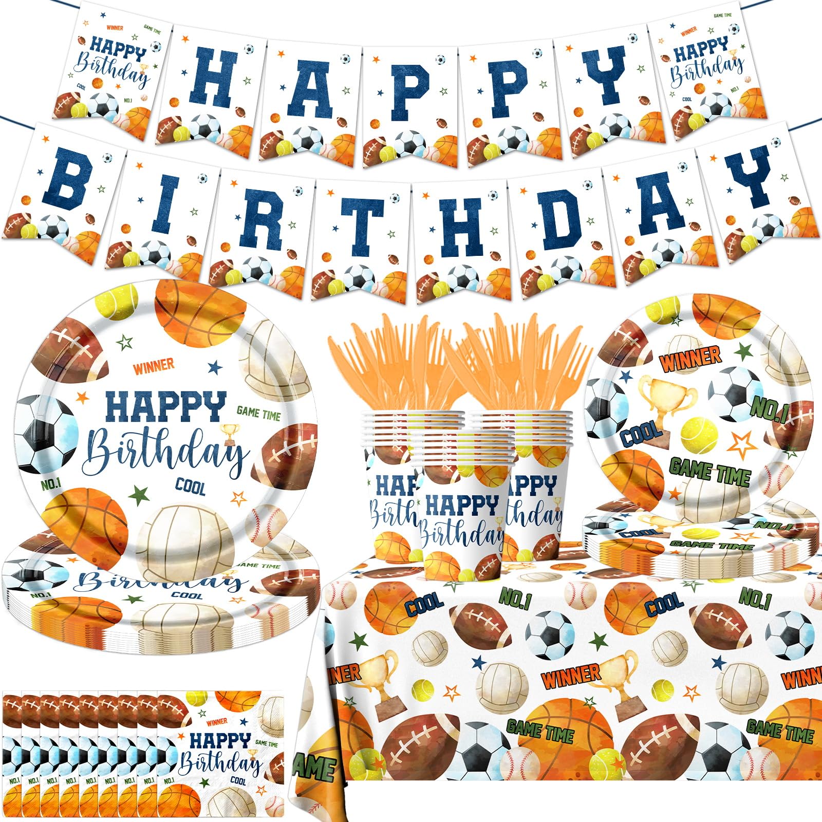 142pcs Sports Birthday Party Decorations Sports Theme Plates and Napkins Kit All Star Basketball Football Baseball Soccer Tableware for Boys Birthday