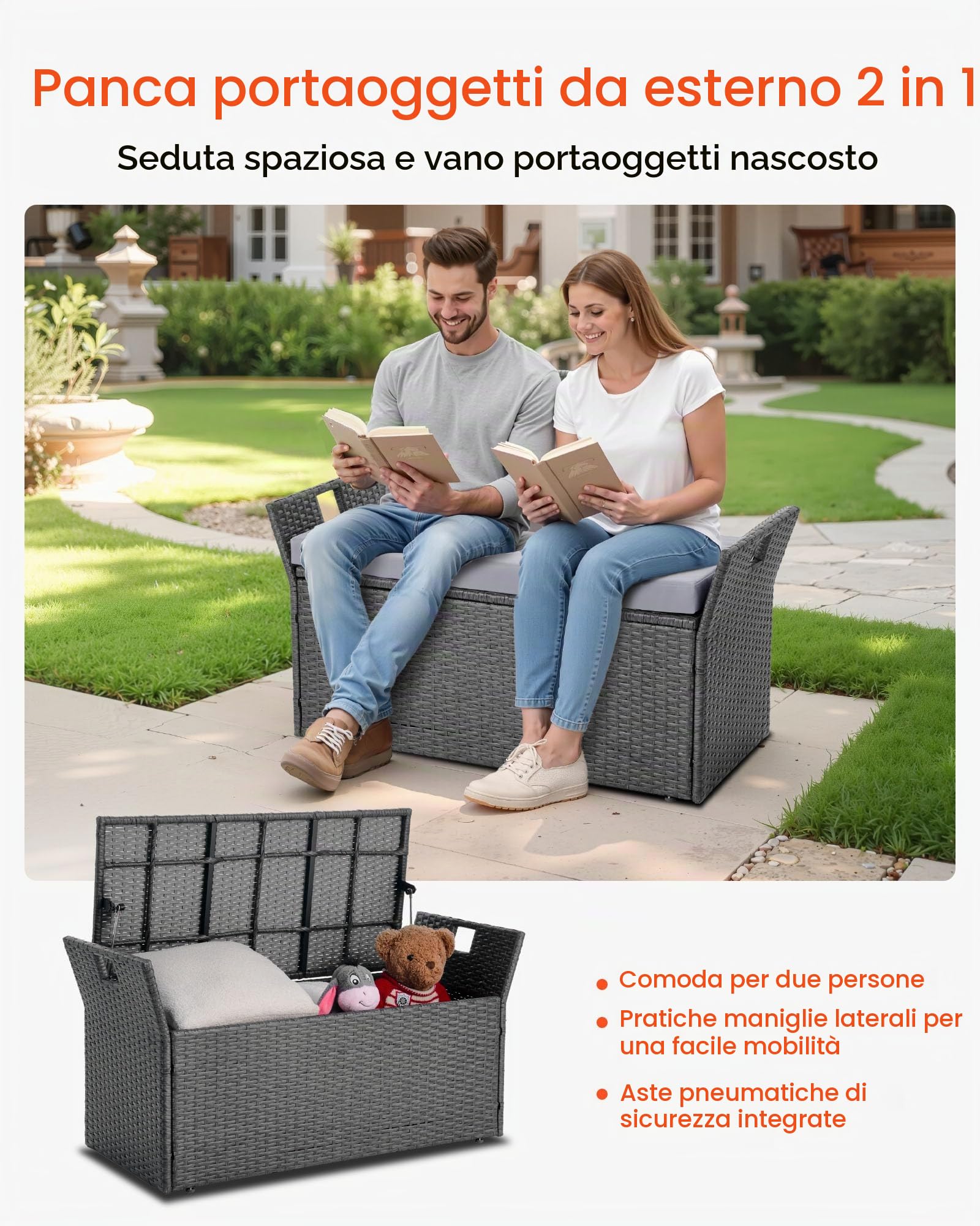 VEVOR Panca Portaoggetti da Esterno, Panca Portaoggetti in Rattan PE per 2 Persone, Contenitore Intrecciato con Cuscino Maniglia Laterale, Supporto Max 180kg, Seduta da Giardino Decorazione Balcone