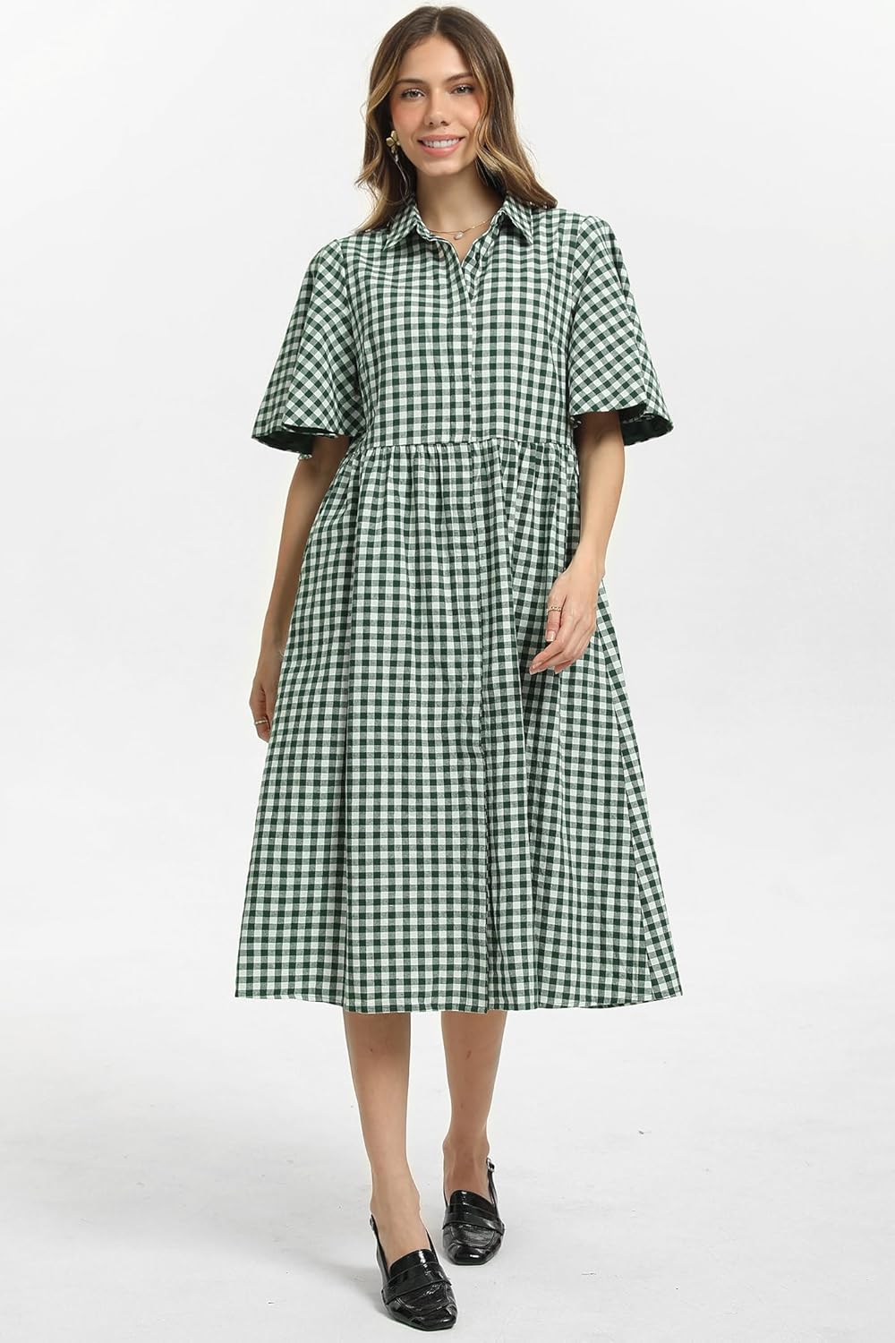 D-Sun Women Plaid Shirt Dress Button Down Gingham Collared Short Cape Sleeves V Neck Casual Belt Mid Dress with Pocket - Image 5