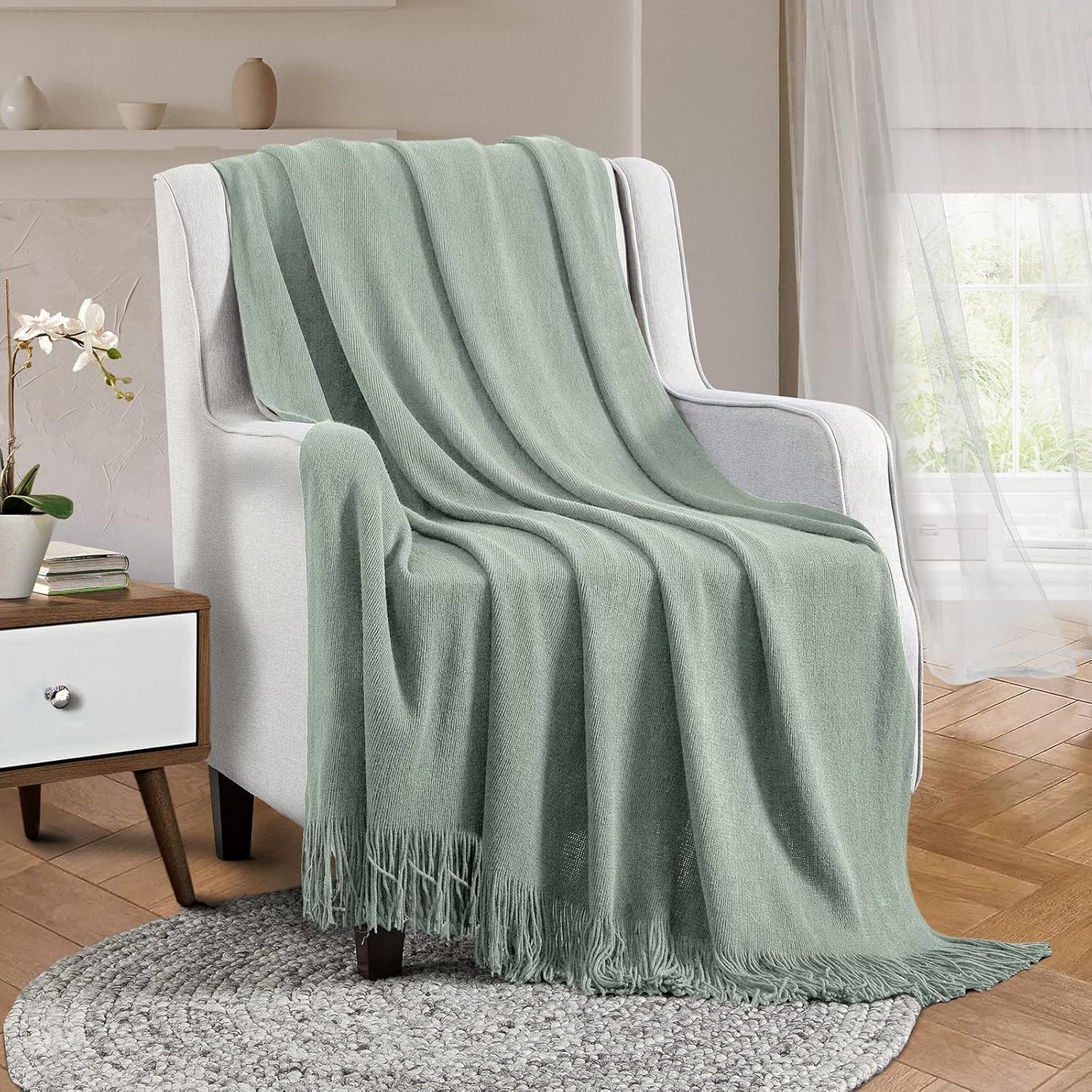 Vonty Sage Green Knitted Blanket with Tassels Fringe 50" x 60", Super Soft Knit Throw Blanket, Farmhouse Decorative Lightweight Blanket for Couch, Sofa, Bed - Image 2