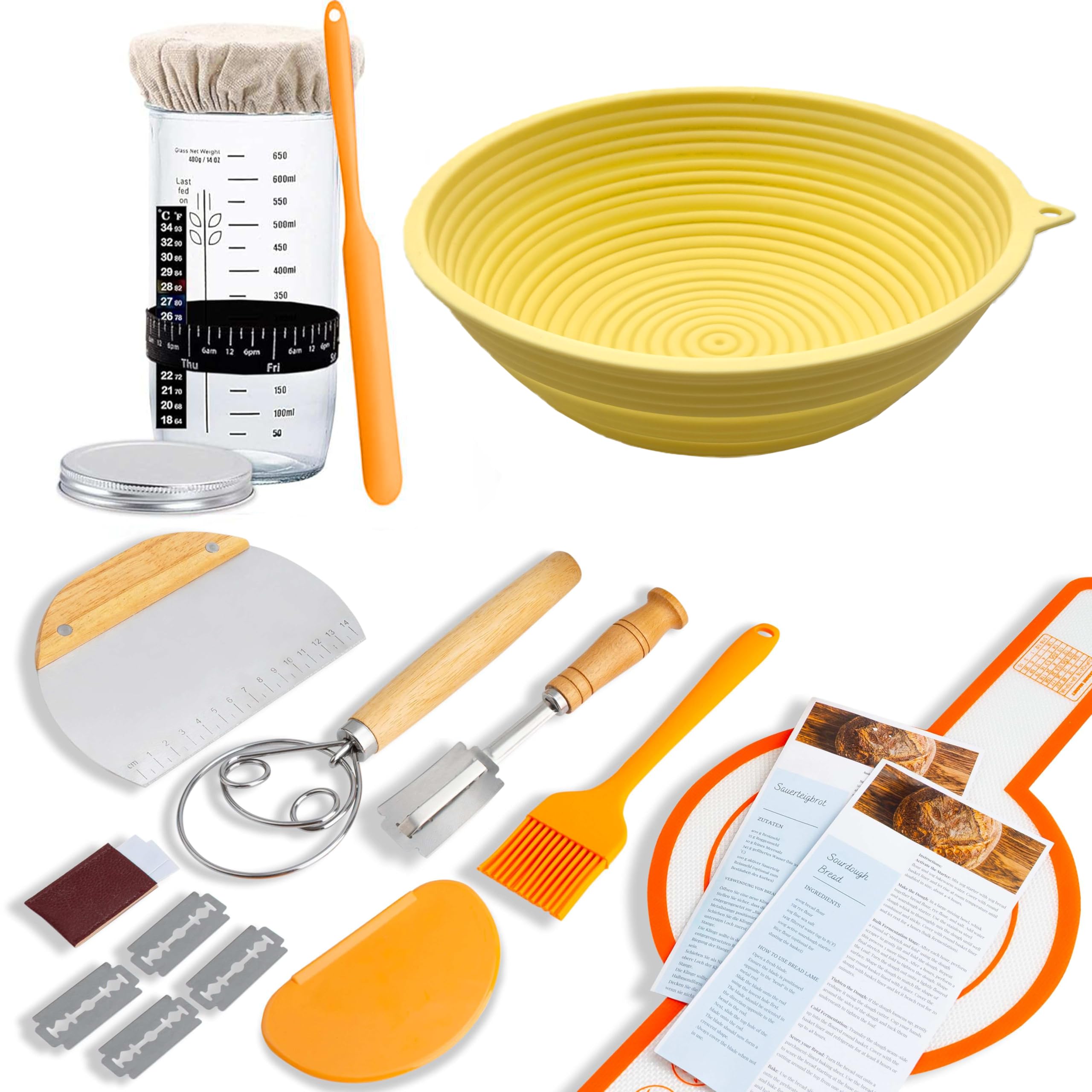 SoLuna.® Sourdough Starter Kit for Bread Making with Silicone Proofing Basket Round - Sourdough Starter Supplies Kits - Bread Baking Accessories (Silicone Orange, 15pcs)
