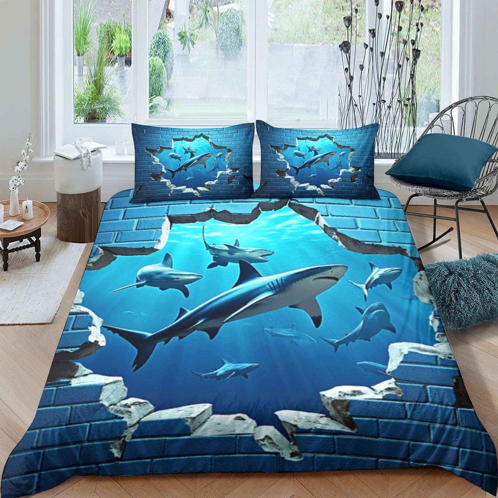 Ctjqhvkz Style-8 3D Printed Shark Ocean Fitted Sheet Microfiber Blue Underwater Bed Cover For Bedroom Guest Room Mattress Decor Single（135X200cm）