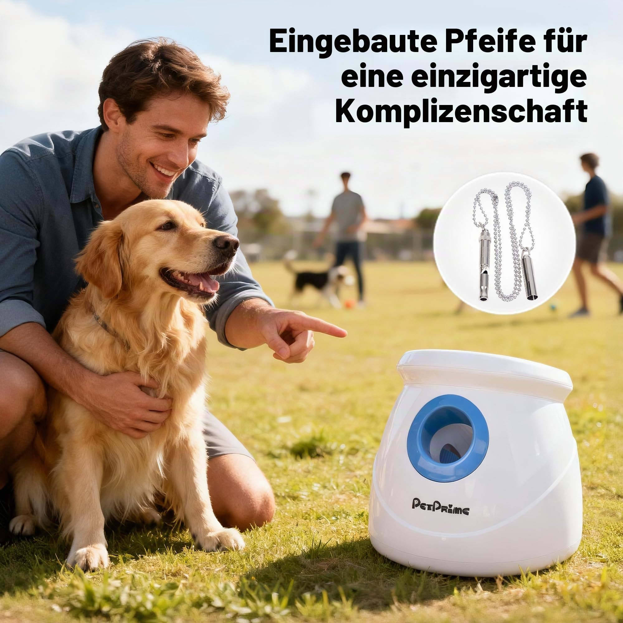 Pet Prime Upgrade Groß Automatischer Ballwerfer für Hunde, interaktives Ballwurfmaschine für große Hunde mit Reichweite von 3 bis 20 Metern, mit 6X 6,35cm ETPU-Bällen und Trainingspfeife