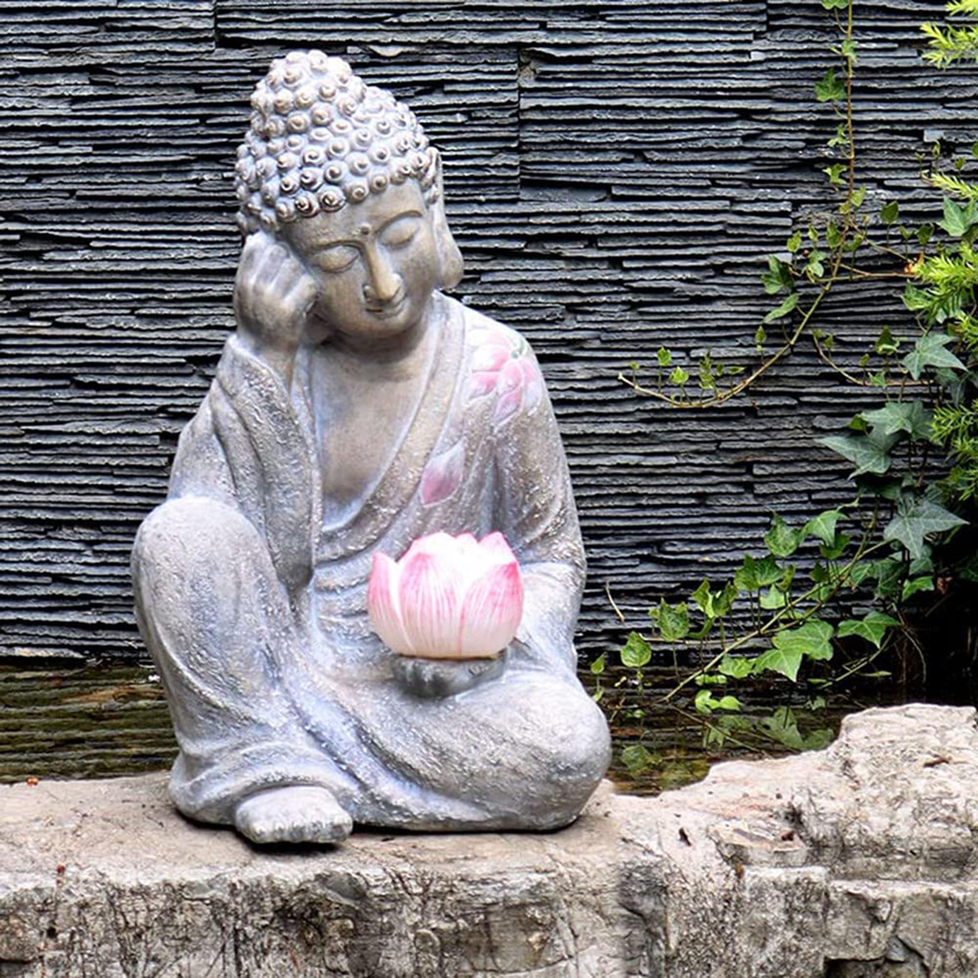 Estatua de Buda, escultura meditativa solar LED para jardín, patio, entrada del hogar, figura de Sakyamuni sentado orando, decoración al aire libre, acento tranquilo