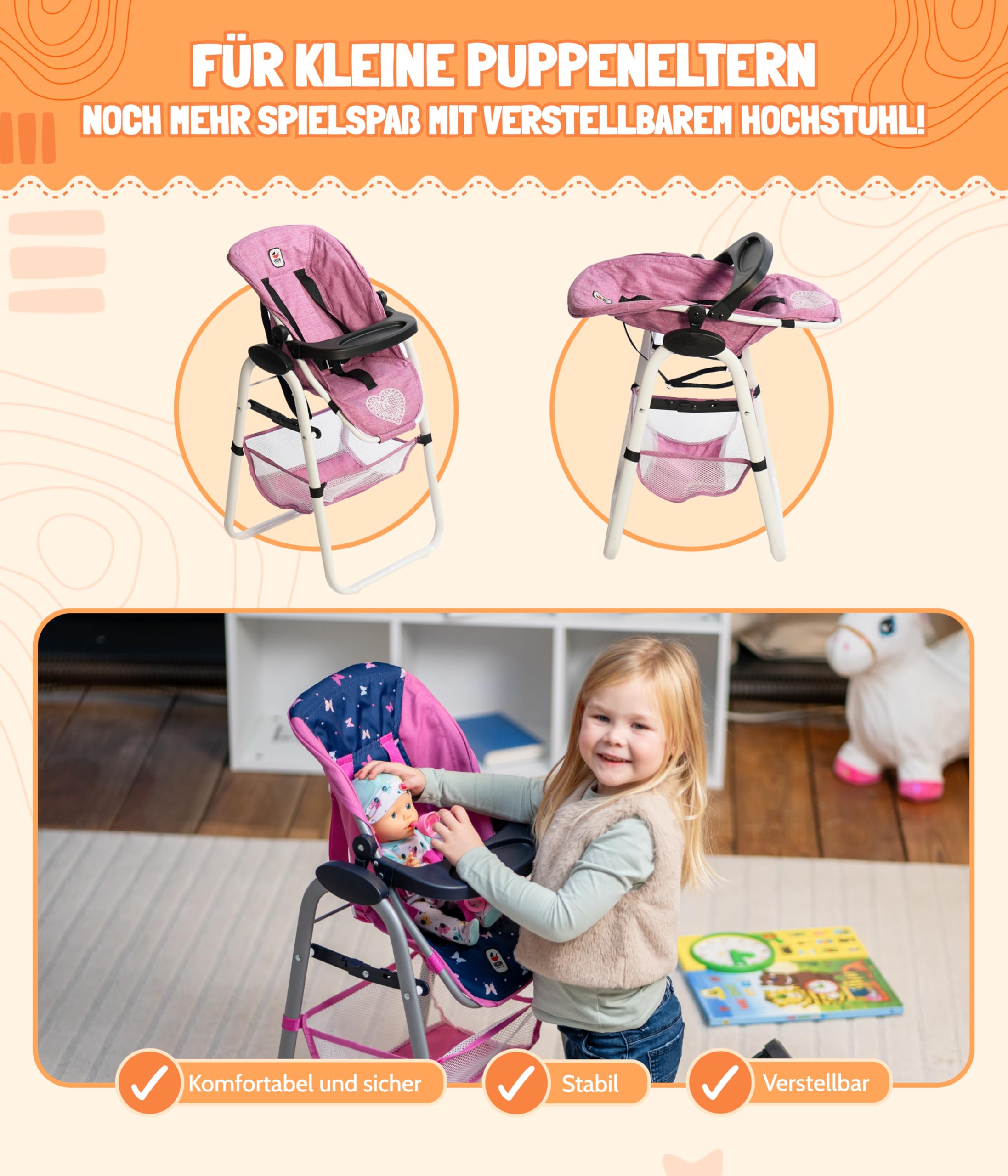 Bayer Chic 2000 - Wysokie krzesełko dla lalek, meble dla lalek, akcesoria dla lalek, dżinsy różowe 655-62, małe