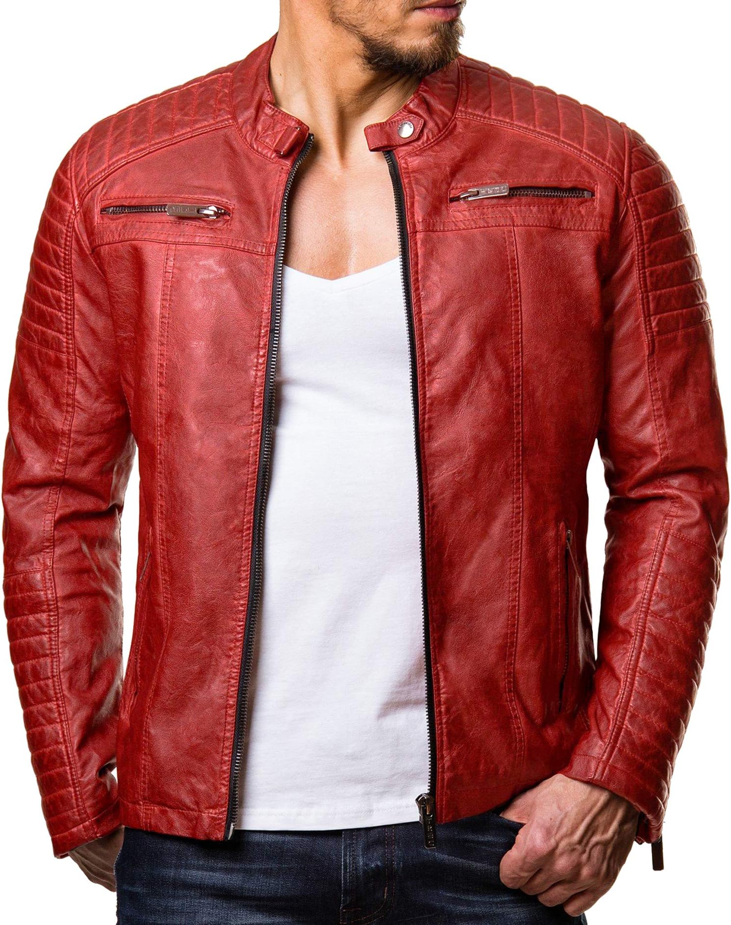 Men's Jacket Slim-Fit Casual Faux Leather Cotton Biker Modern Coats